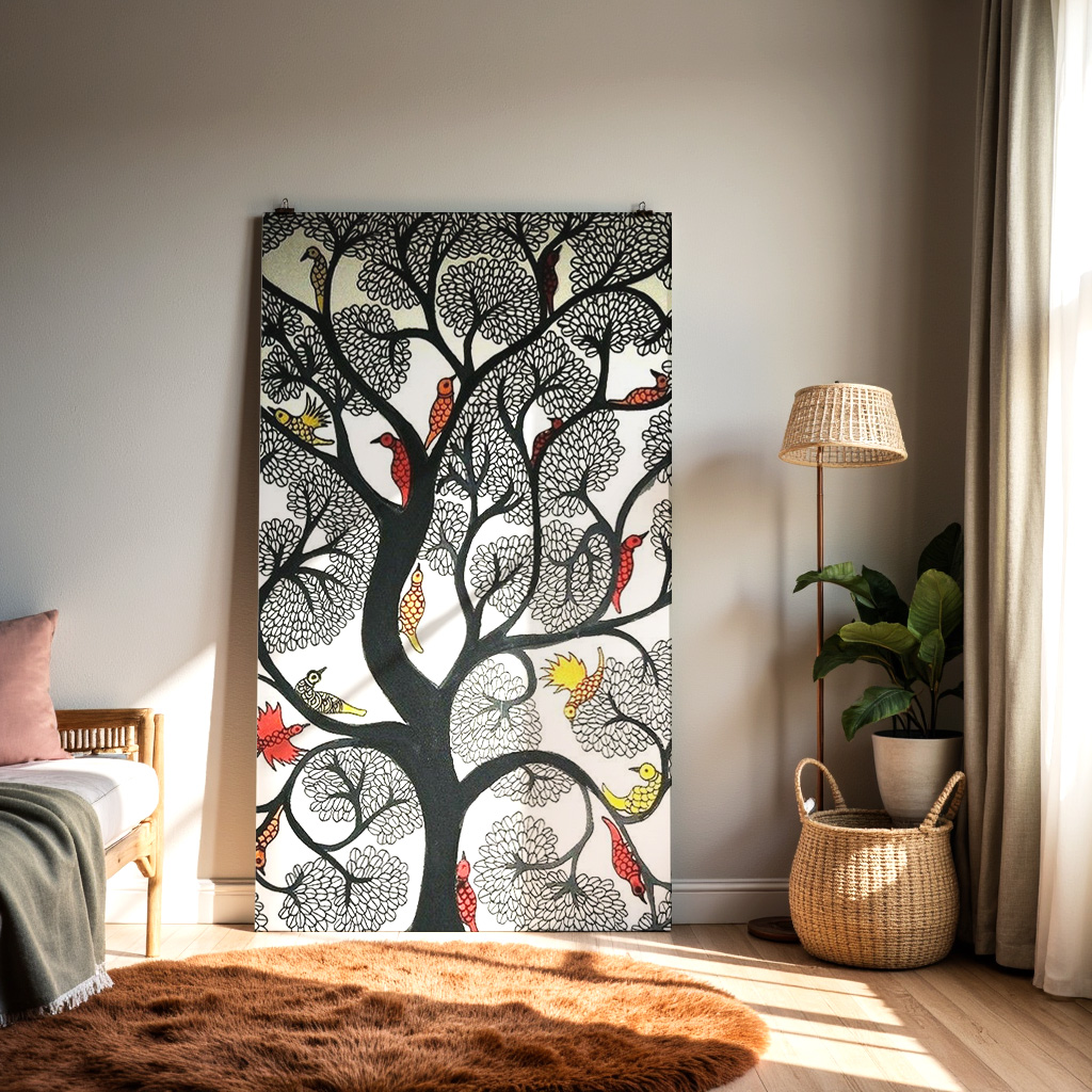Elegant Folk Art Tree of Life with Colorful Birds – Intricate Black Linework Illustration