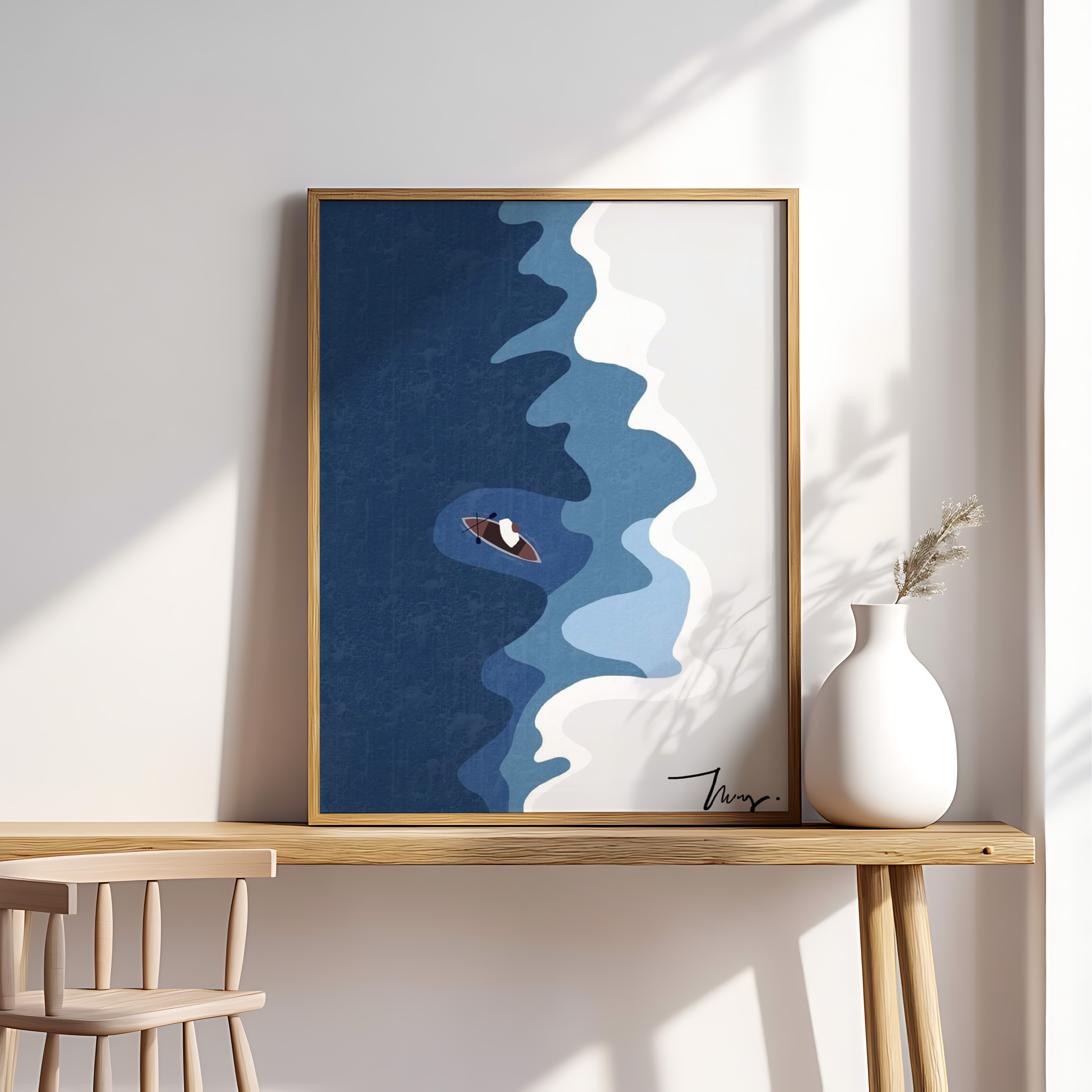 Minimal Kayak Wall Art | Modern Abstract Water Print | Blue Minimalist Landscape Poster