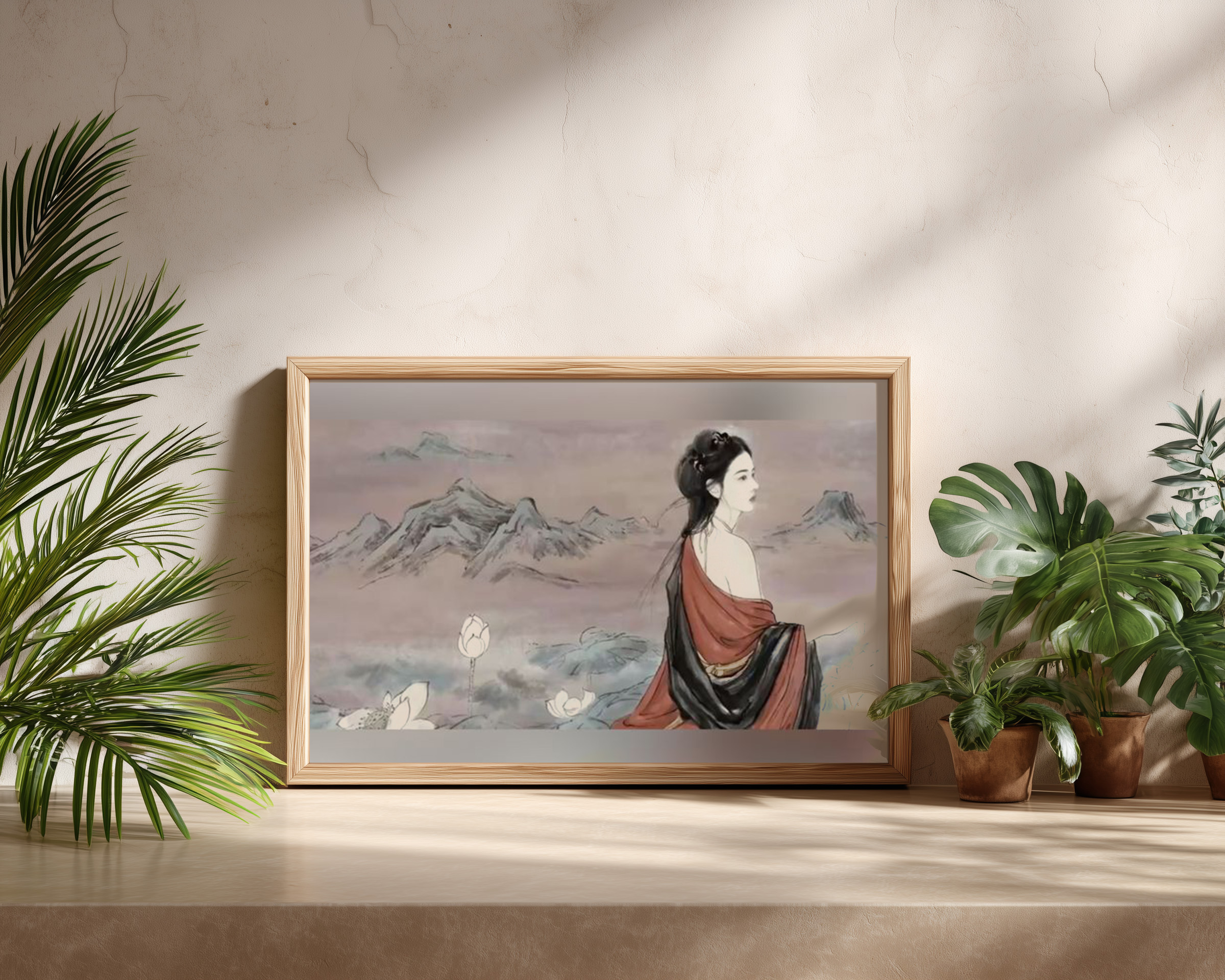 Elegant Oriental Ink Painting – Woman Among Lotus & Mountains | Classic East Asian Art