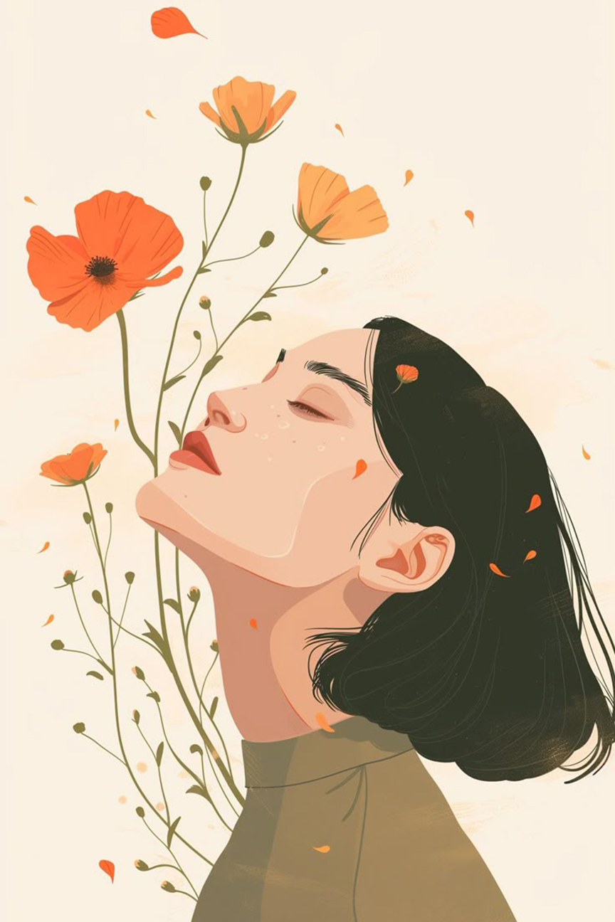 Serene Woman with Flowers – Mindful Floral Art Illustration