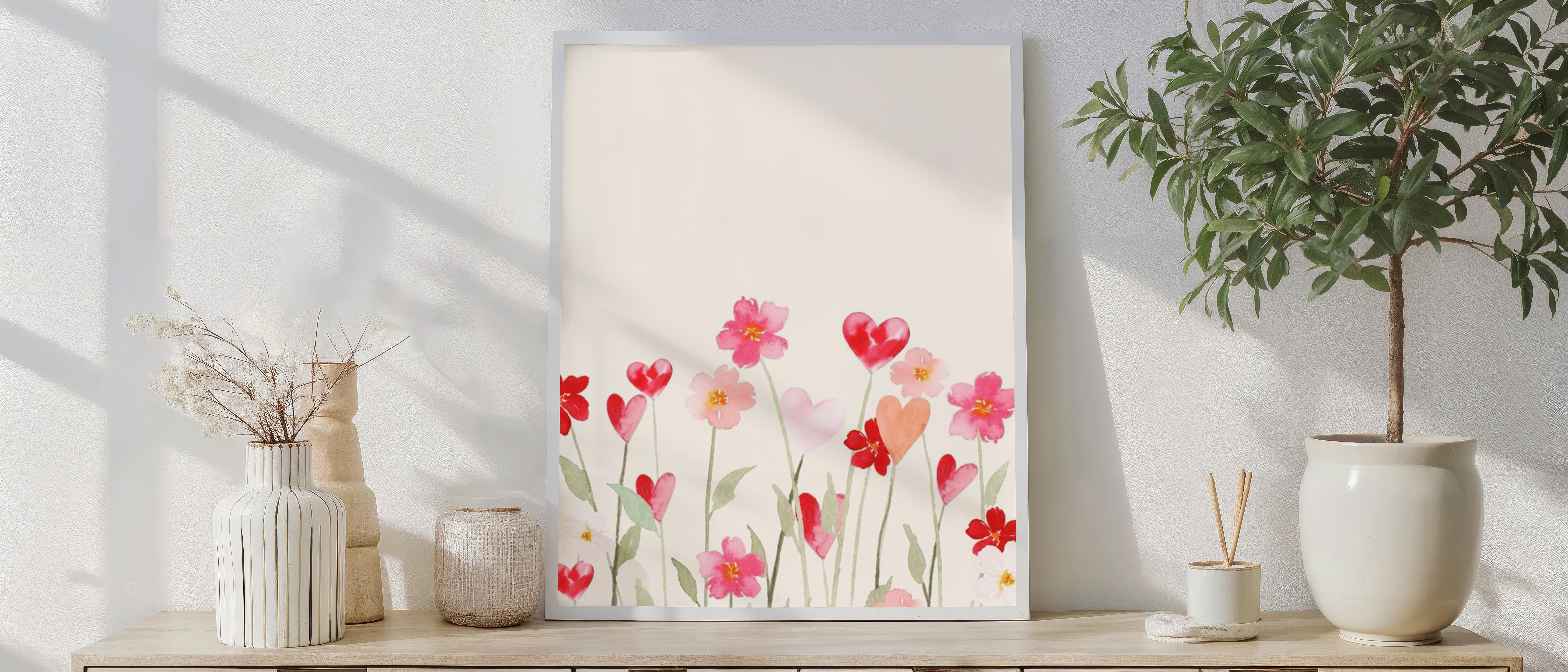 Watercolor Heart Flower Wall Art – Pink & Red Floral Illustration, Romantic Botanical Print