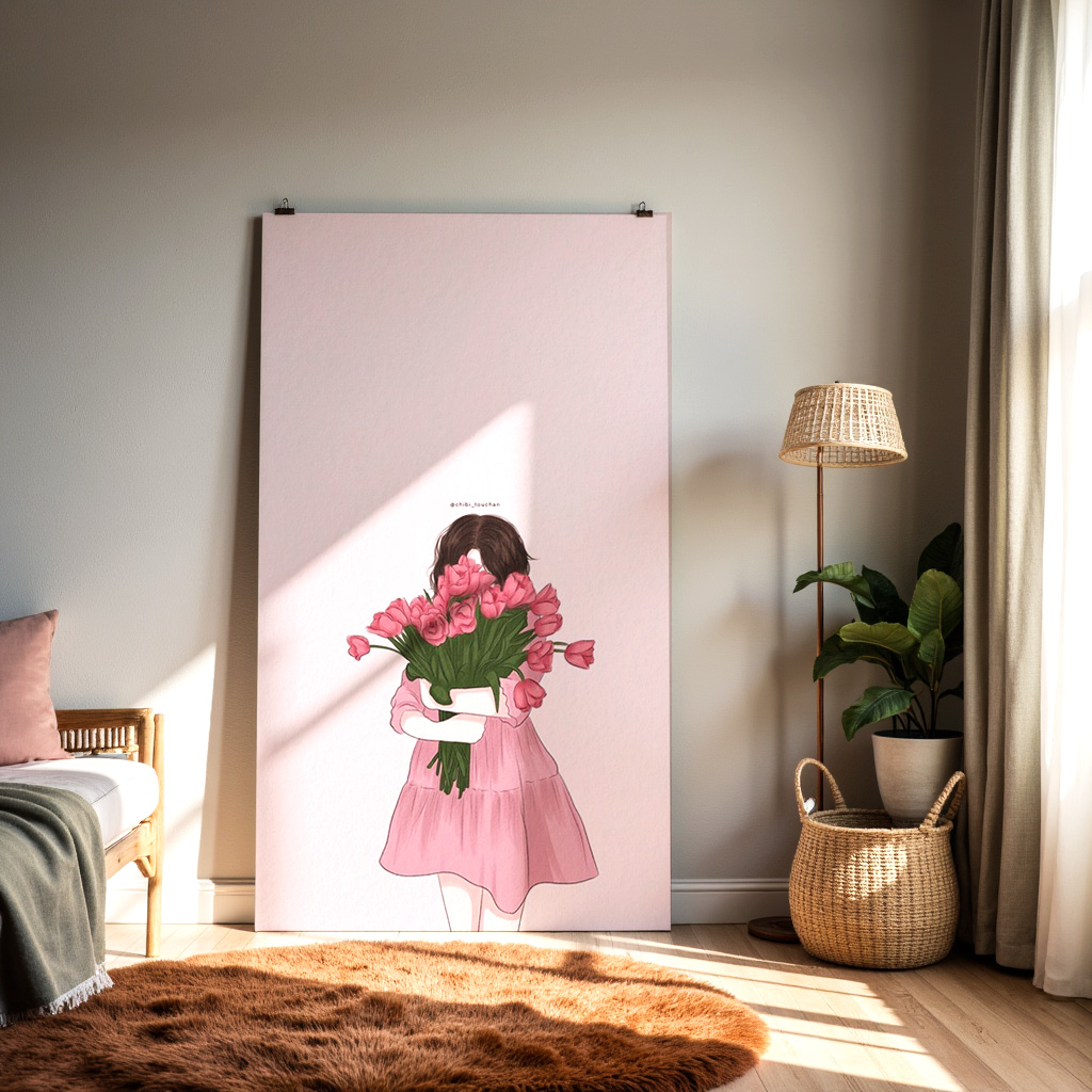 Girl Holding Flowers Wall Art – Cute Pastel Illustration Print