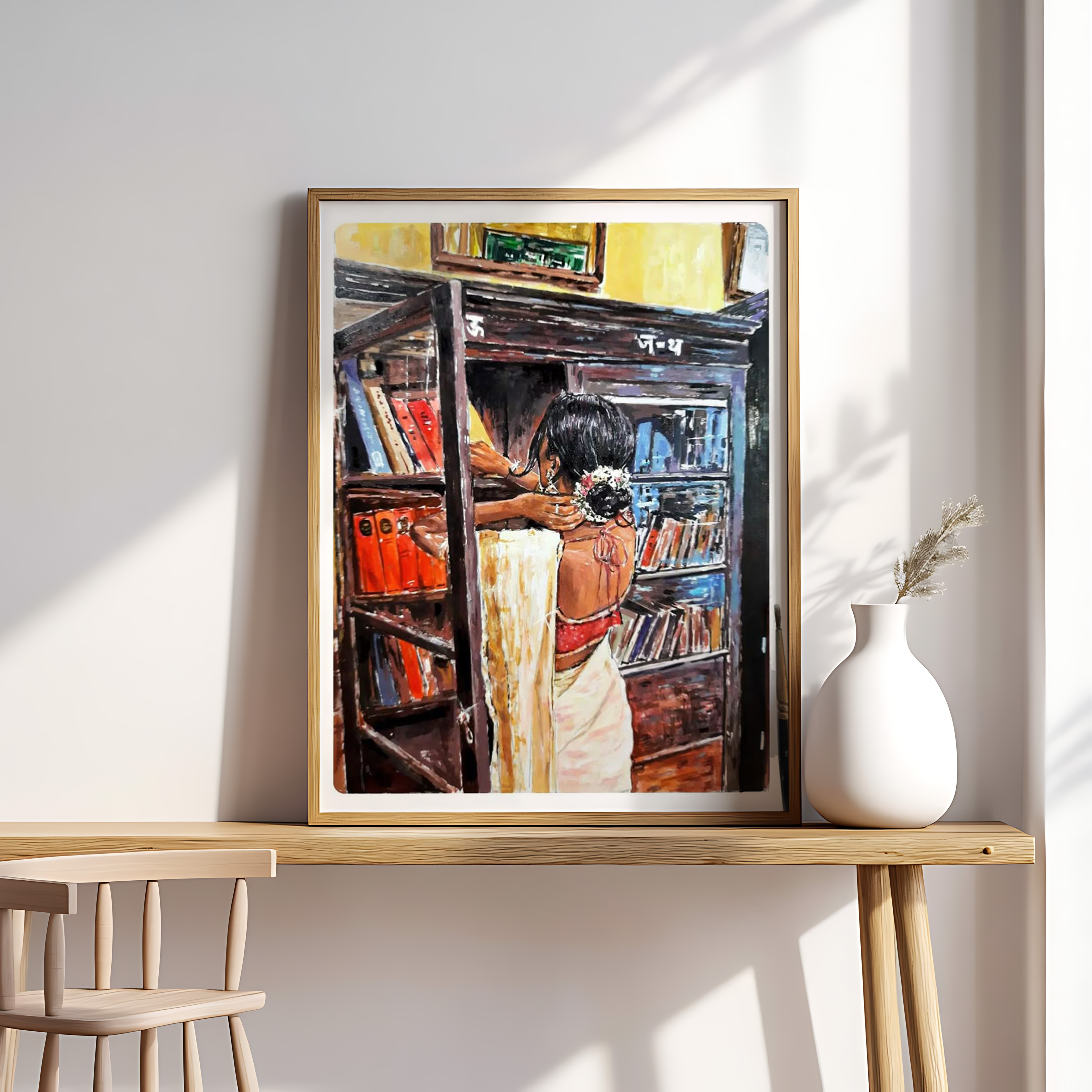 Woman in Library Wall Art | Indian Reading Room Painting