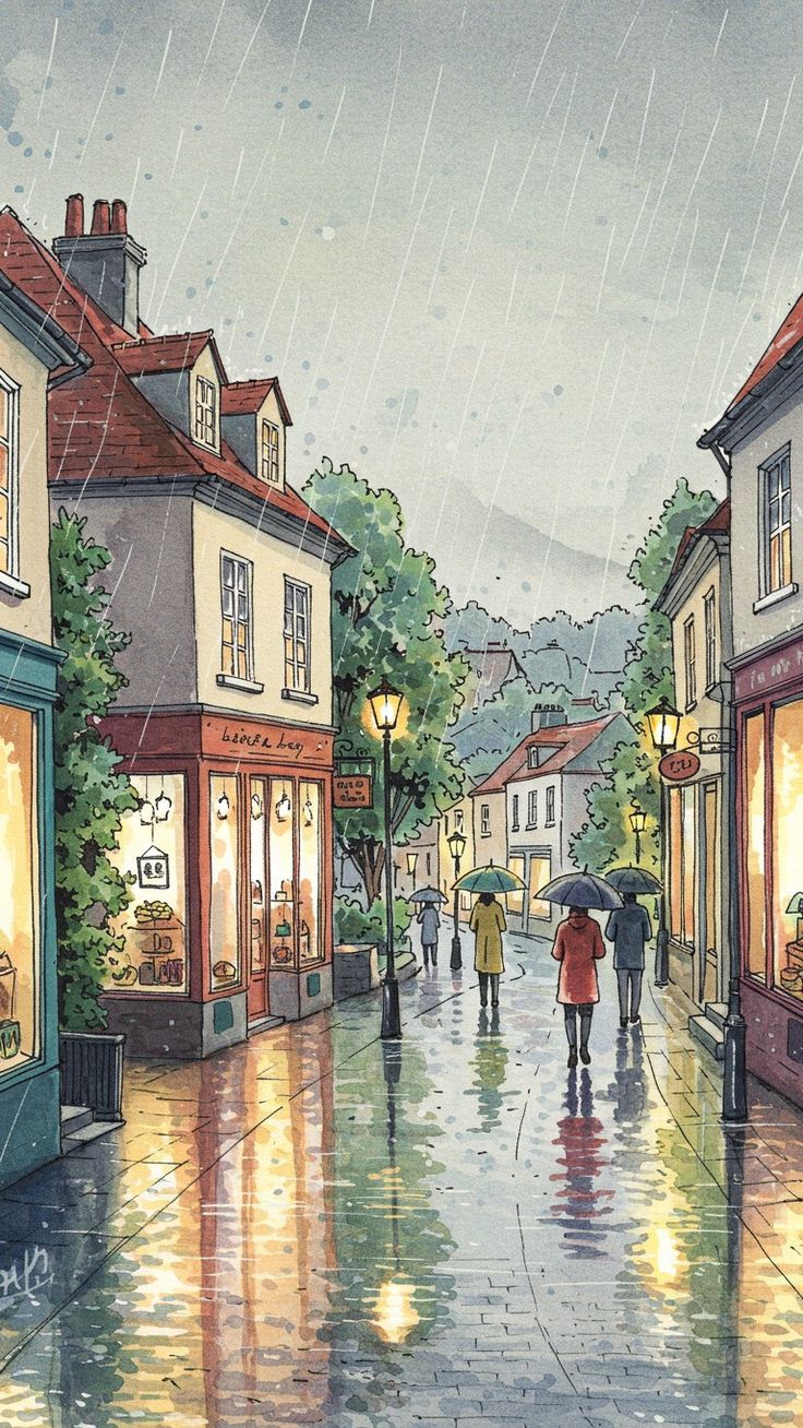 Rainlit Stroll – Cozy European Street in the Rain Wall Art