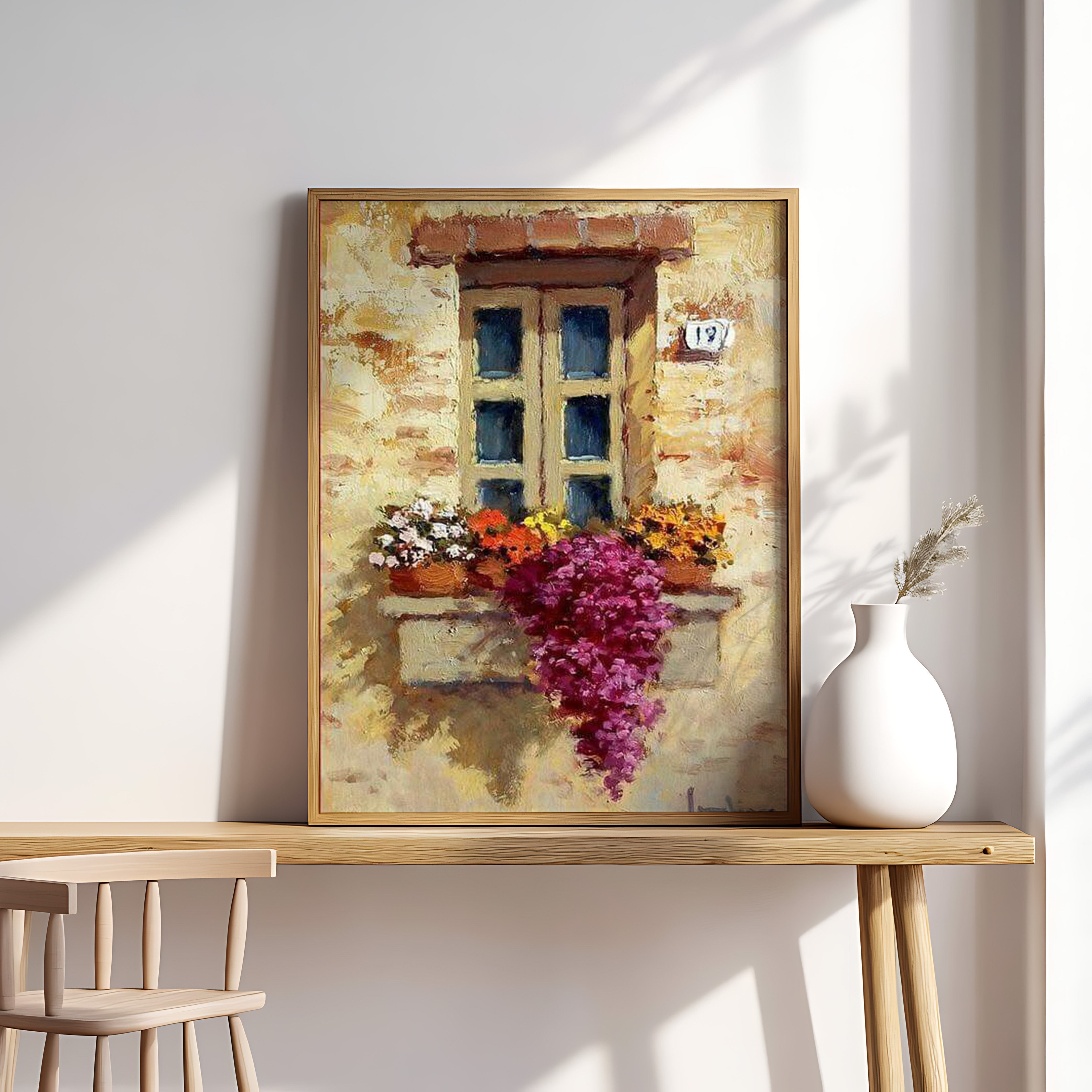 Sunlit Window Blooms – Rustic Floral Balcony Wall Art