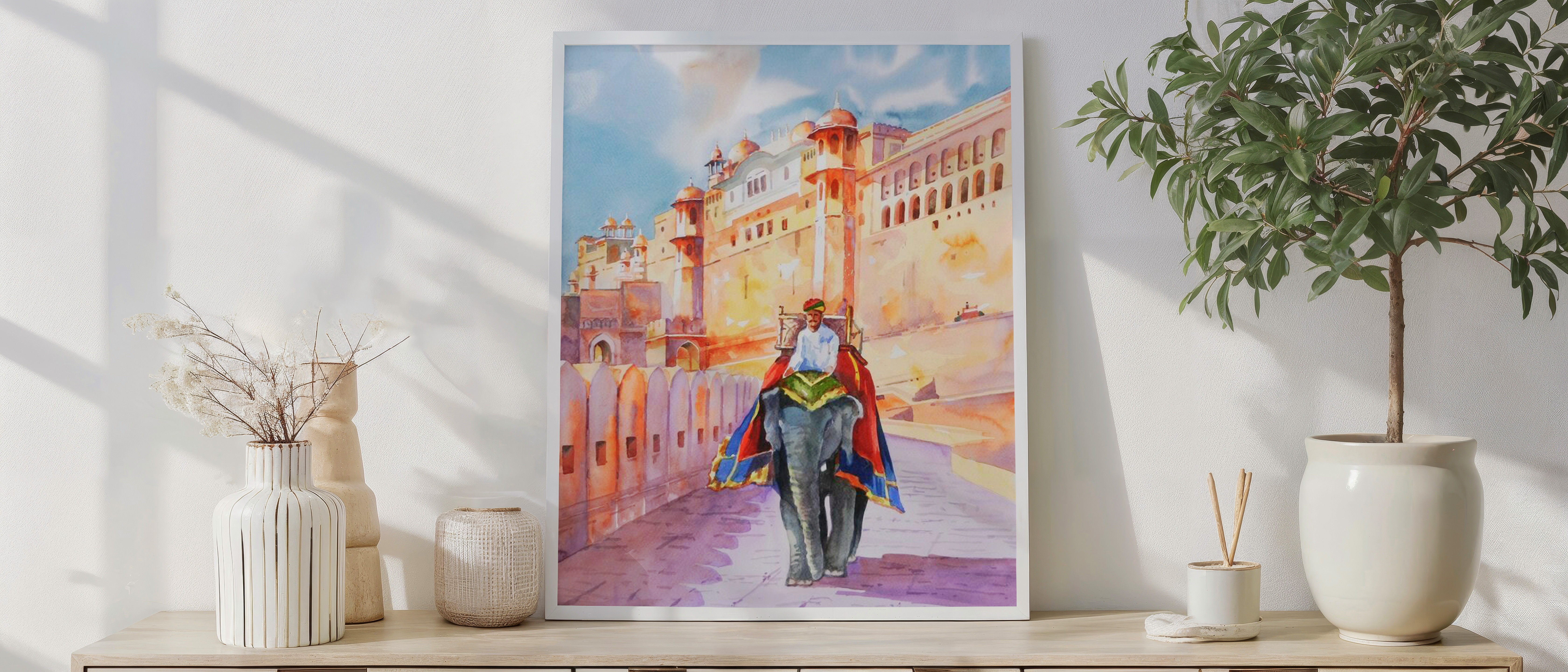 Amber Fort Elephant Ride Wall Art | Jaipur Rajasthan Watercolor Painting