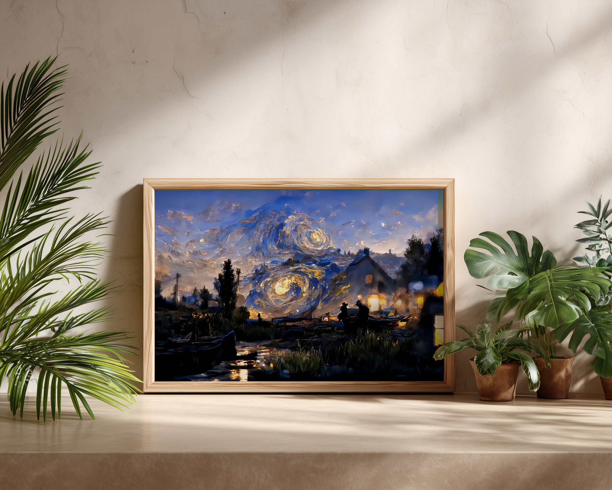 Cosmic Nightfall – Star-Swirl Village Landscape Wall Art