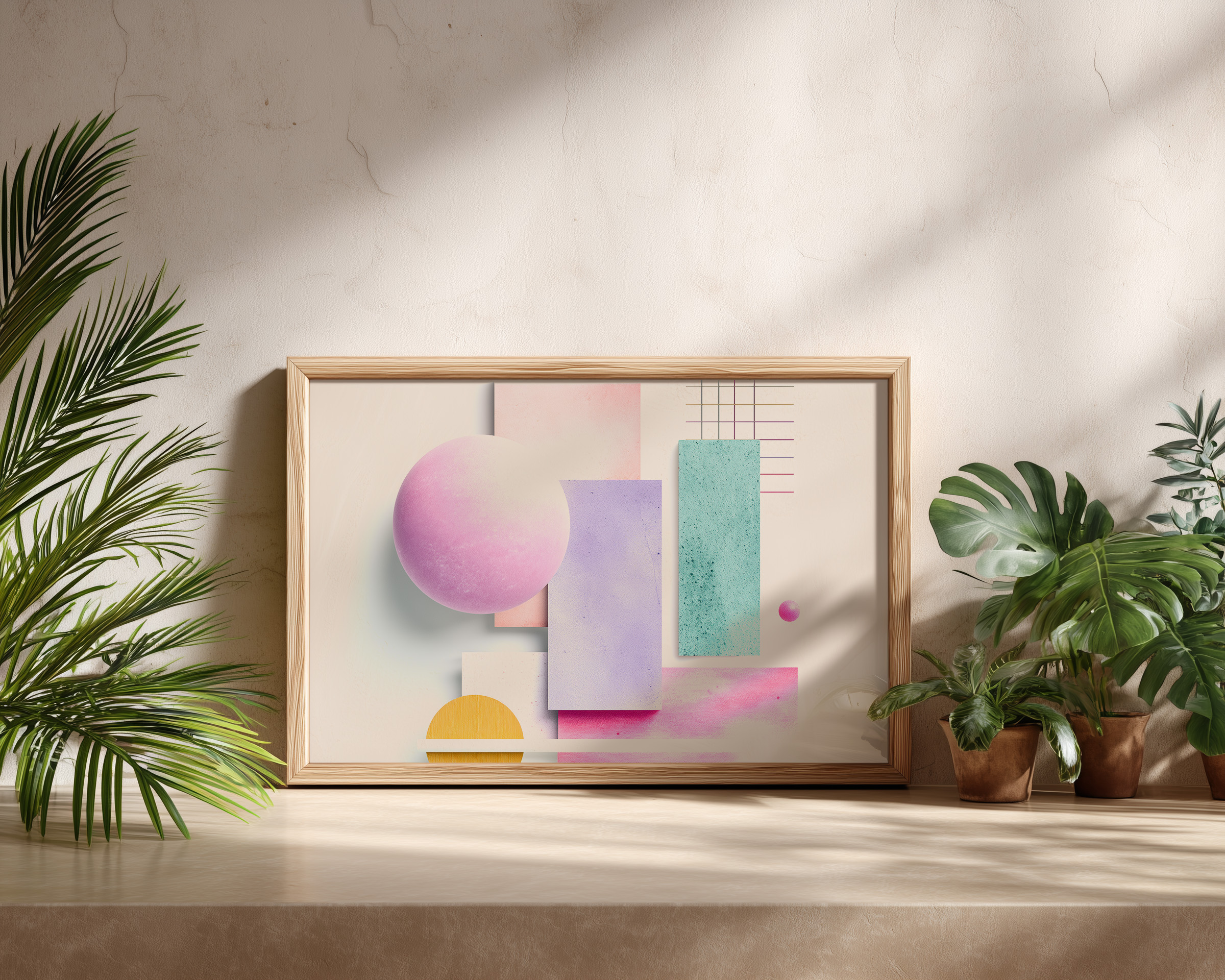 Pastel Geometric Wall Art – Modern Abstract Shapes Print in Pink, Mint, Lilac & Yellow