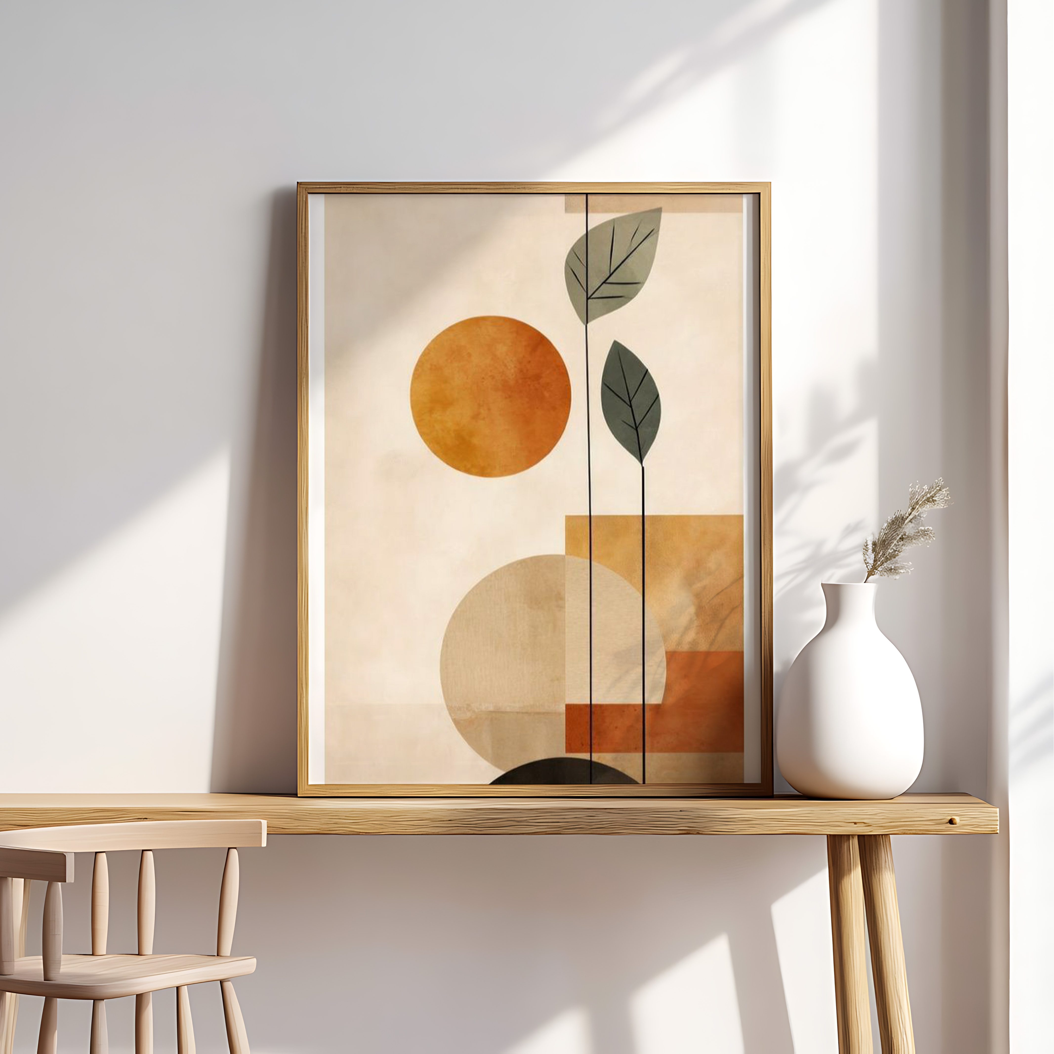 Modern Abstract Botanical Wall Art – Mid-Century Geometric Print with Minimalist Leaves & Shapes
