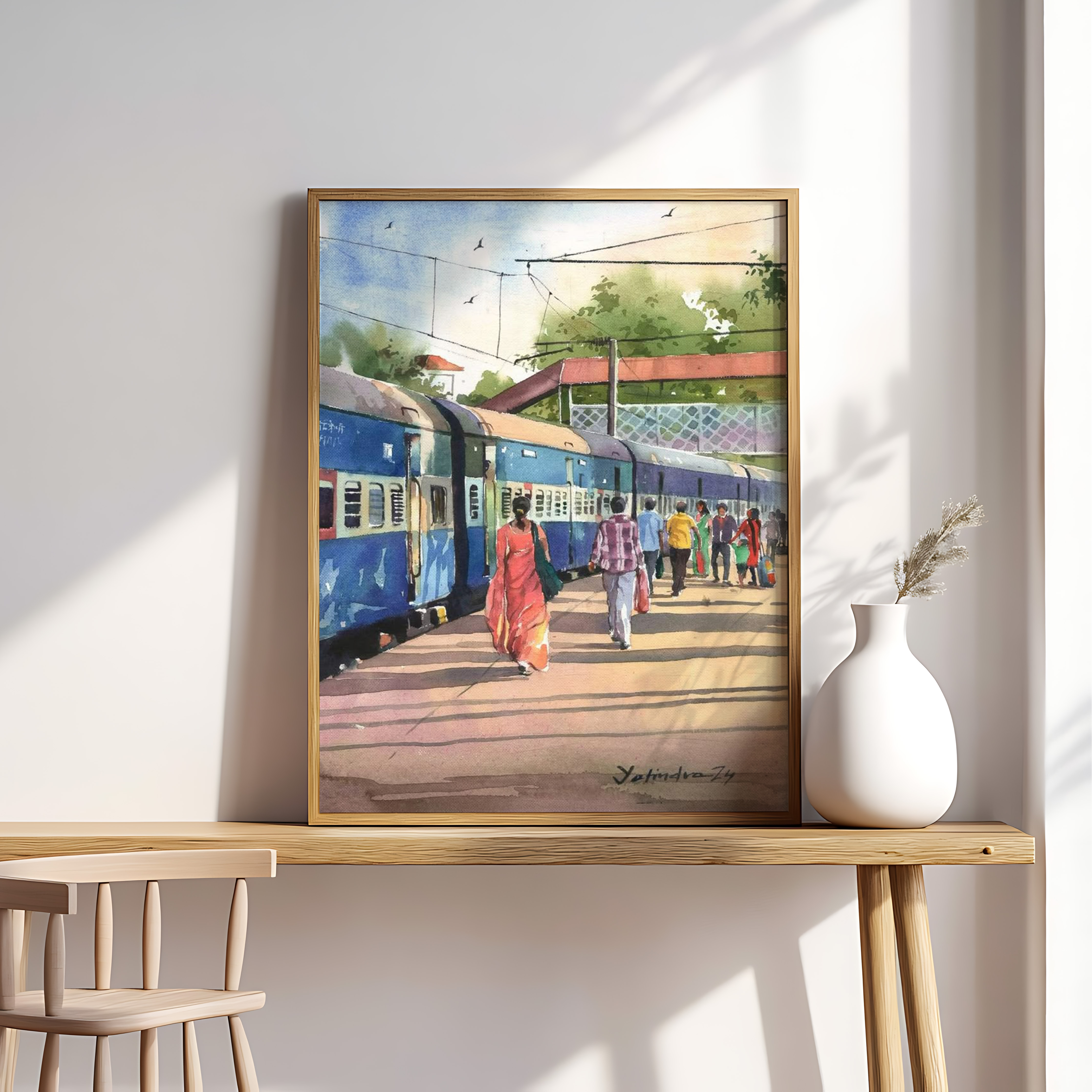 Indian Railway Platform Wall Art | Train Station Watercolor Painting