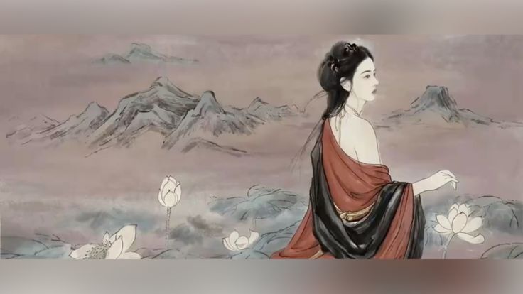 Elegant Oriental Ink Painting – Woman Among Lotus & Mountains | Classic East Asian Art