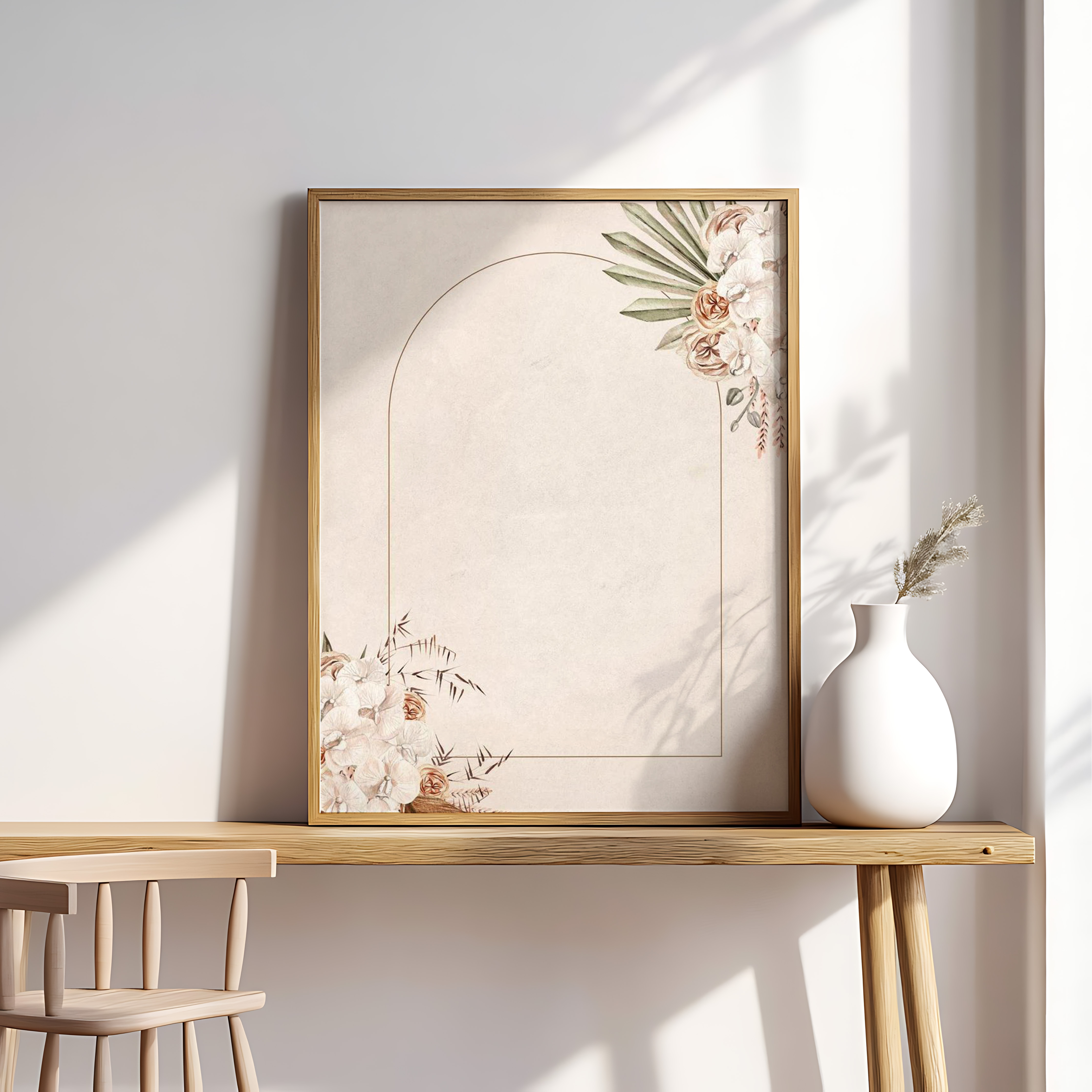 Boho Floral Arch Frame Printable – Neutral Botanical Wedding Invitation Template