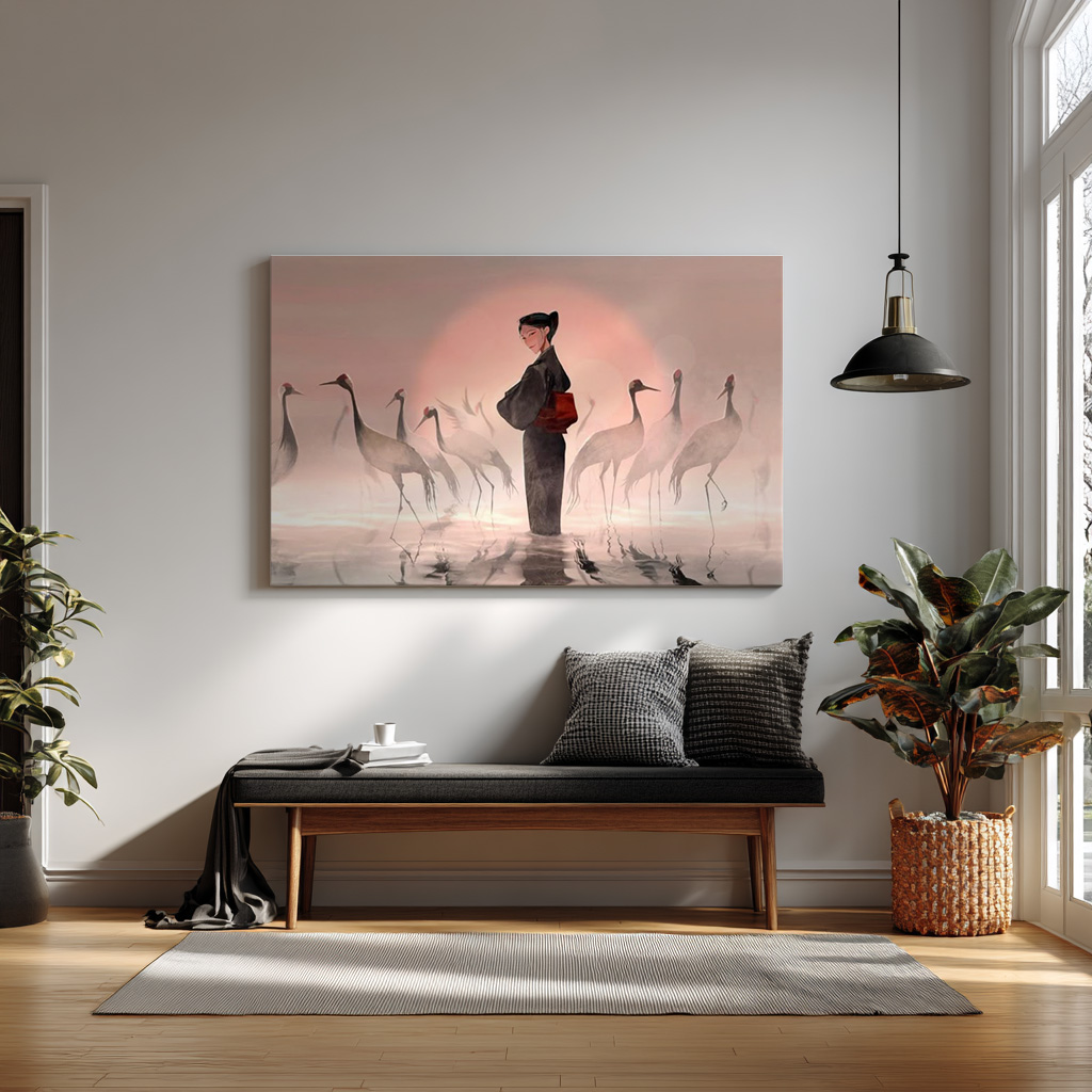 Elegant Japanese-Inspired Art – Woman in Kimono with Cranes | Serene Minimalist Illustration