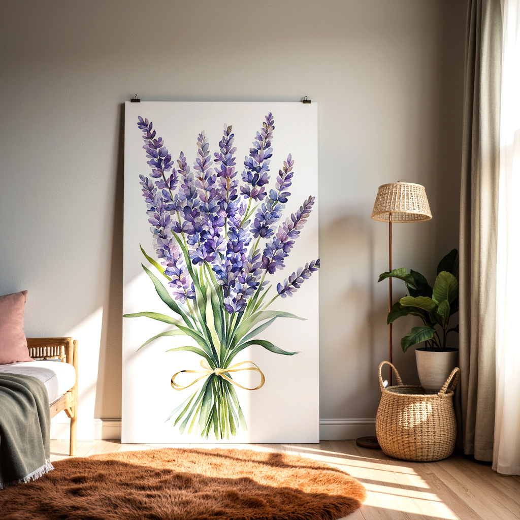 Lavender Watercolor Wall Art – Purple Botanical Print, Rustic Floral Bouquet Illustration