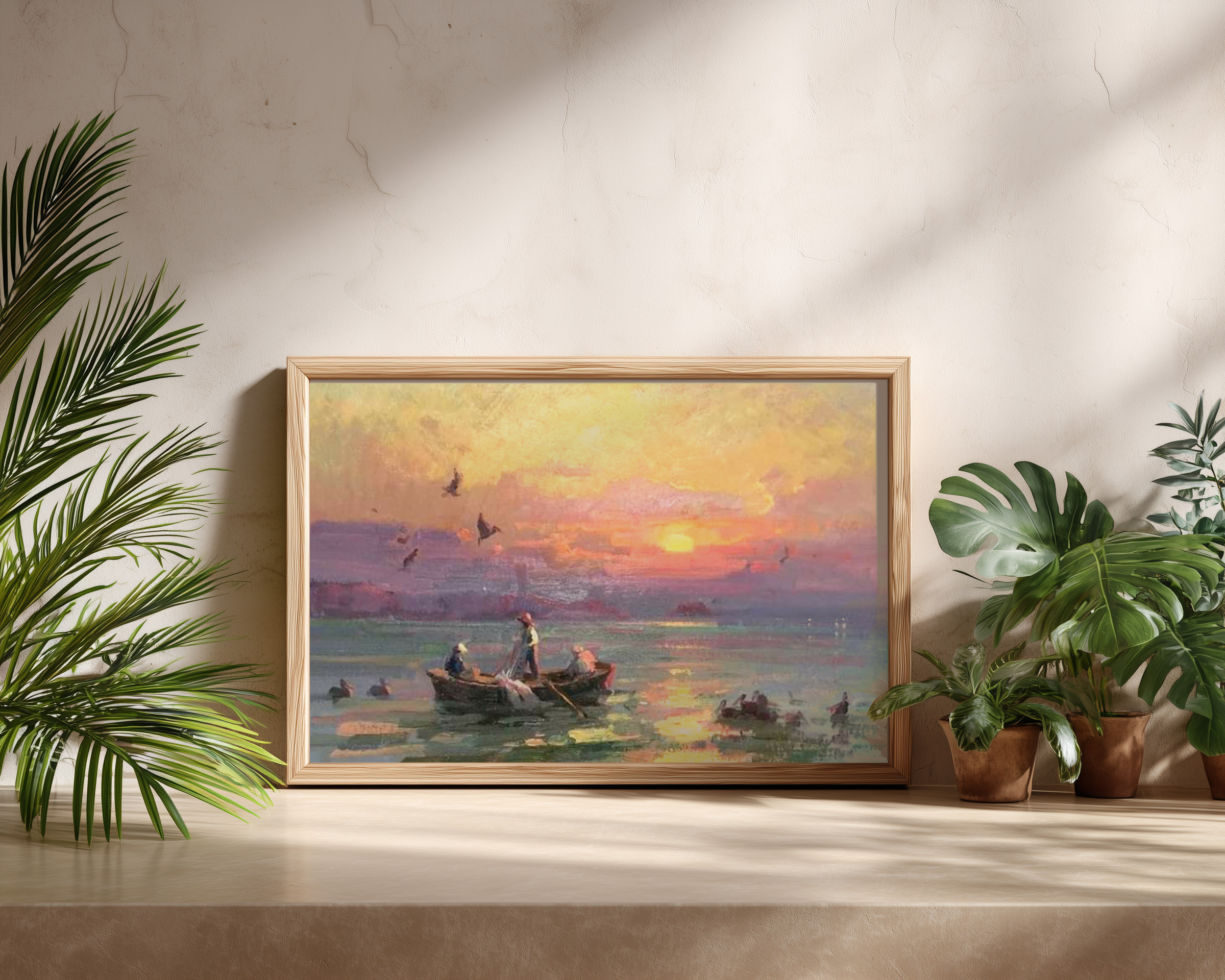 Golden Horizon – Serene Sunset Fishermen Painting