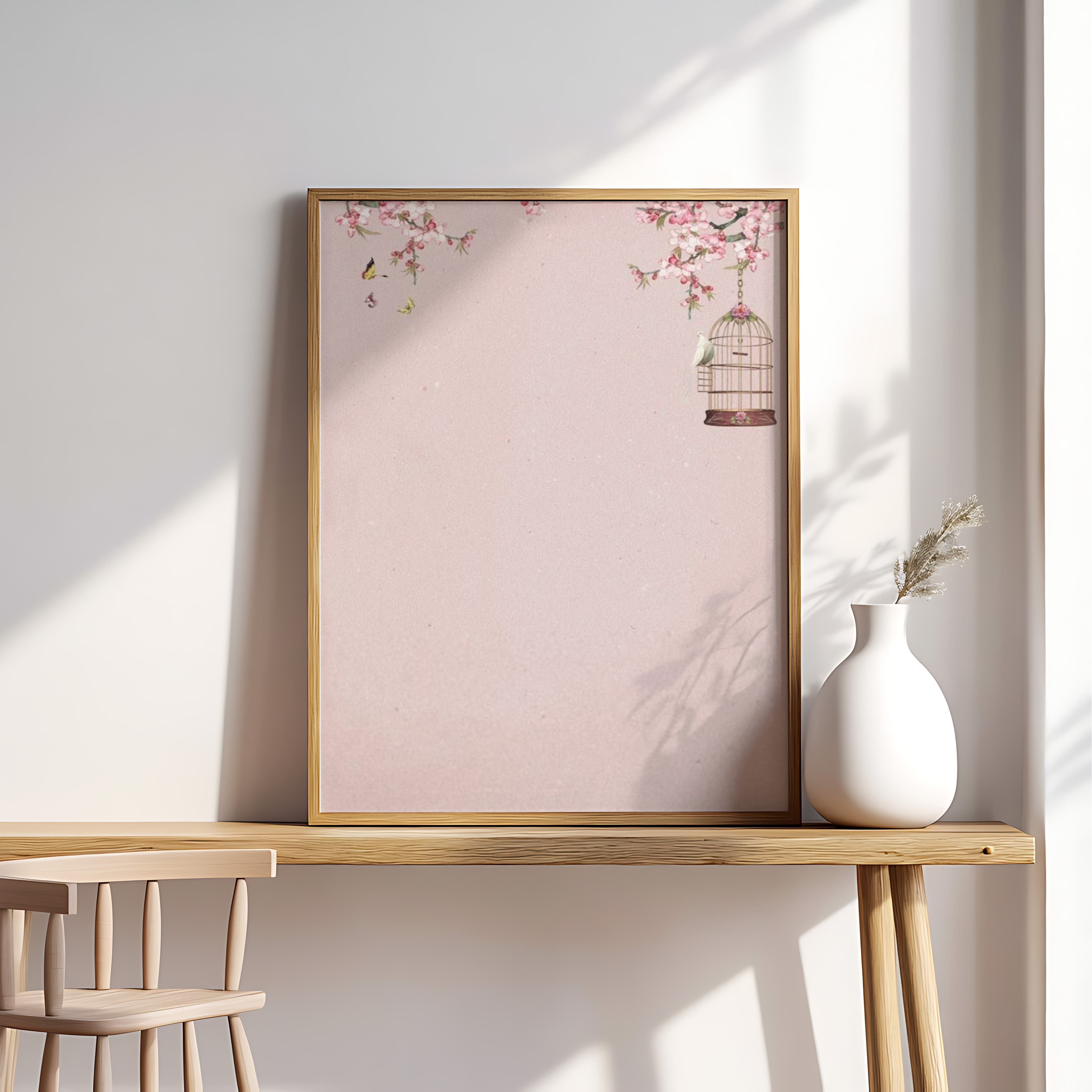 Cherry Blossom Bird Background – Pink Floral Wallpaper, Vintage Spring Birdcage Illustration