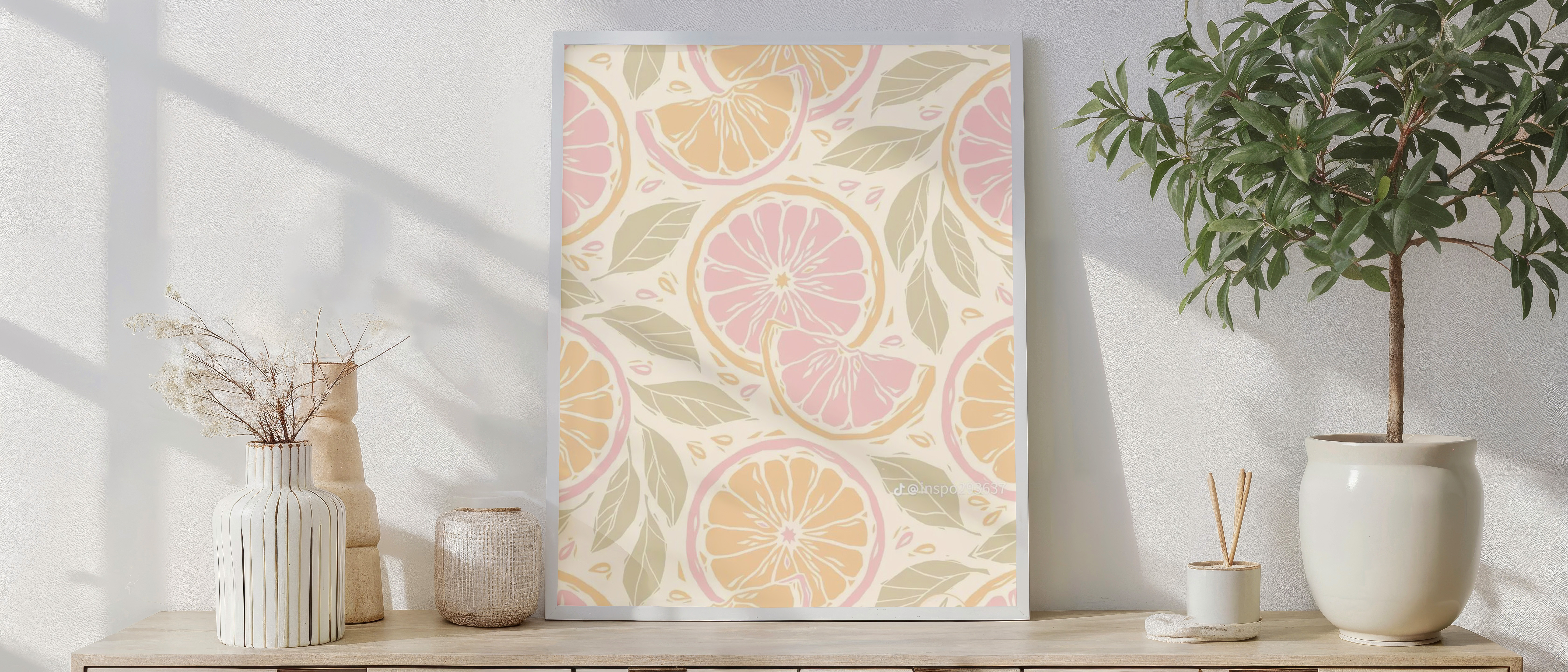 Citrus Fruit Pattern Wall Art – Pastel Orange & Pink Grapefruit Print, Kitchen Decor