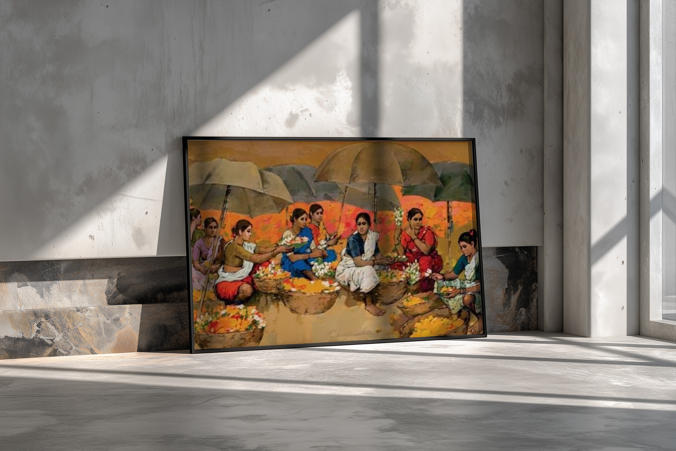 Indian Village Life Wall Art | Traditional Flower Market Painting
