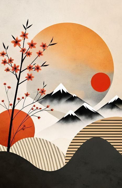 Japanese Sunrise Mountain Art Print – Modern Oriental Wall Décor