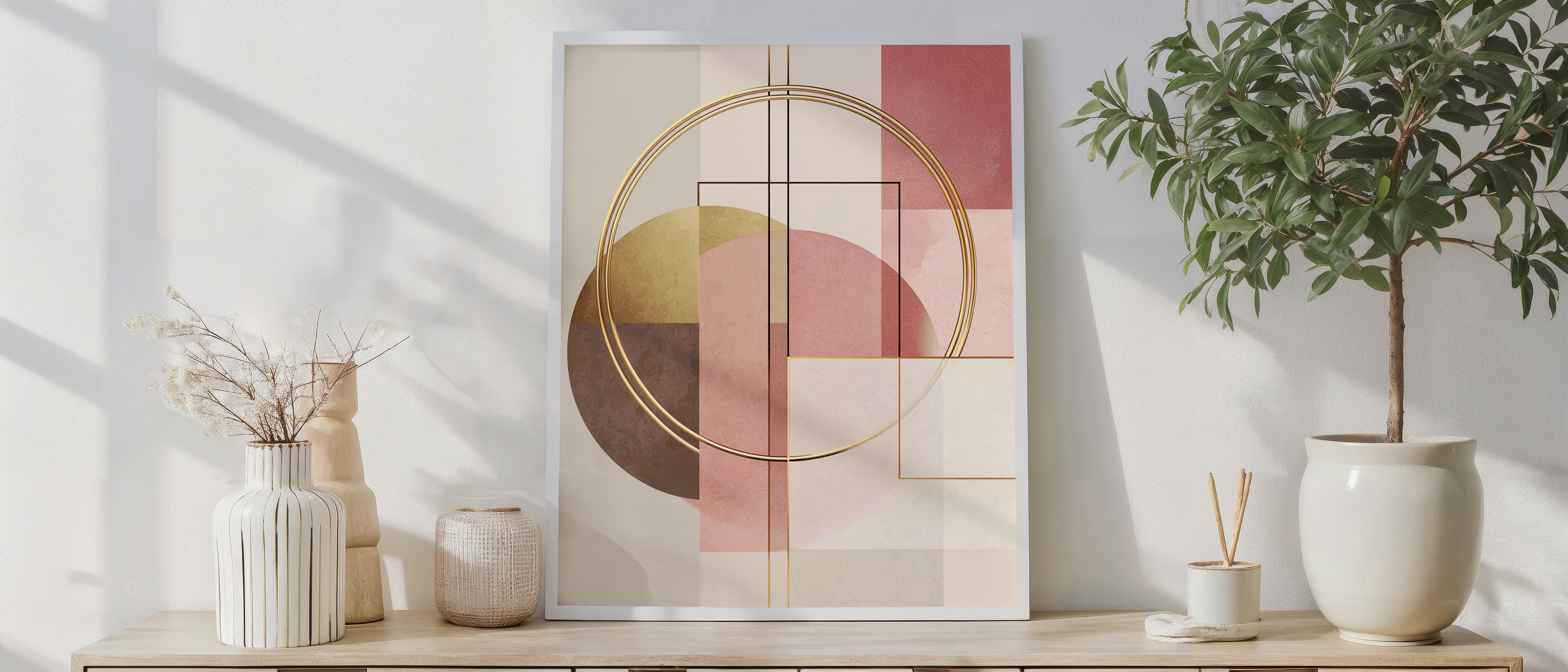 Elegant Geometric Wall Art – Gold Line Modern Abstract Print in Blush Pink & Neutral Tones