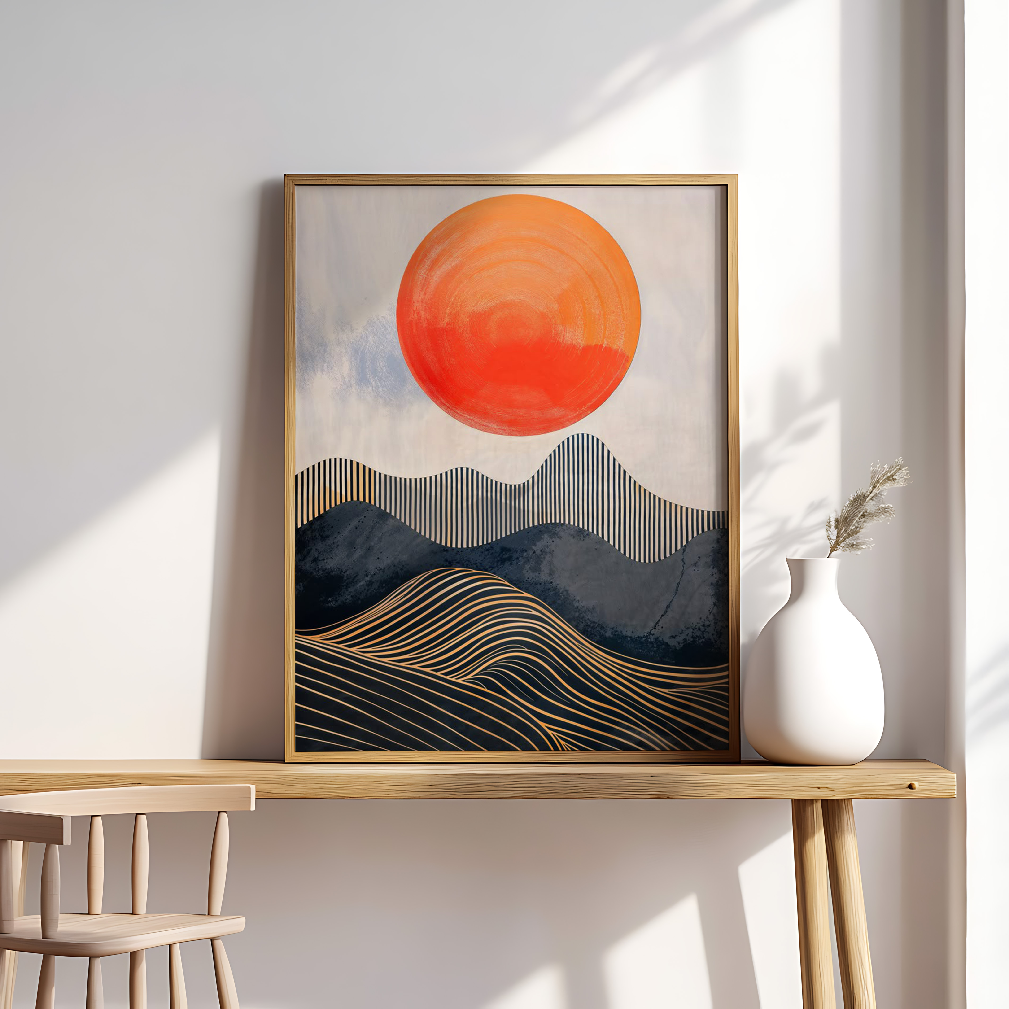 Modern Abstract Sun & Waves Art Print – Bold Minimalist Wall Décor