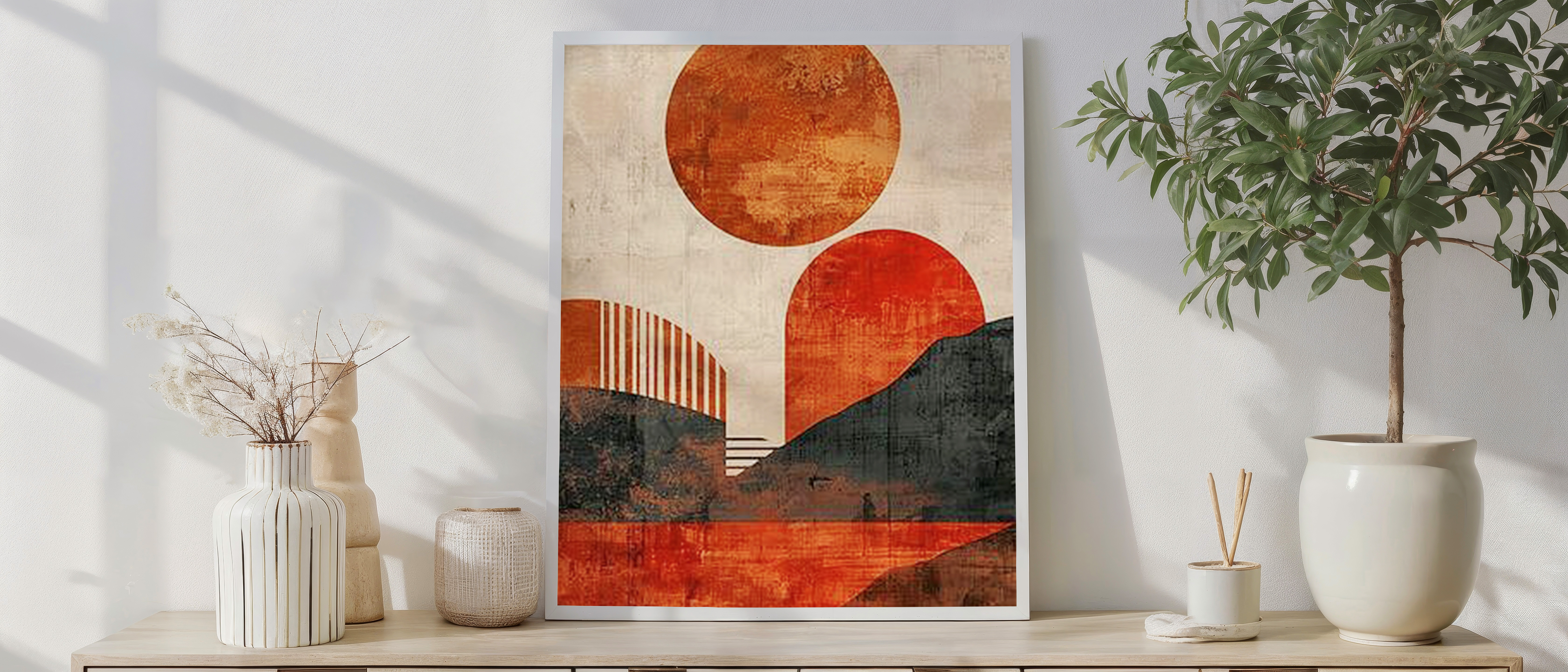 Abstract Sunset Landscape Art – Modern Geometric Wall Print