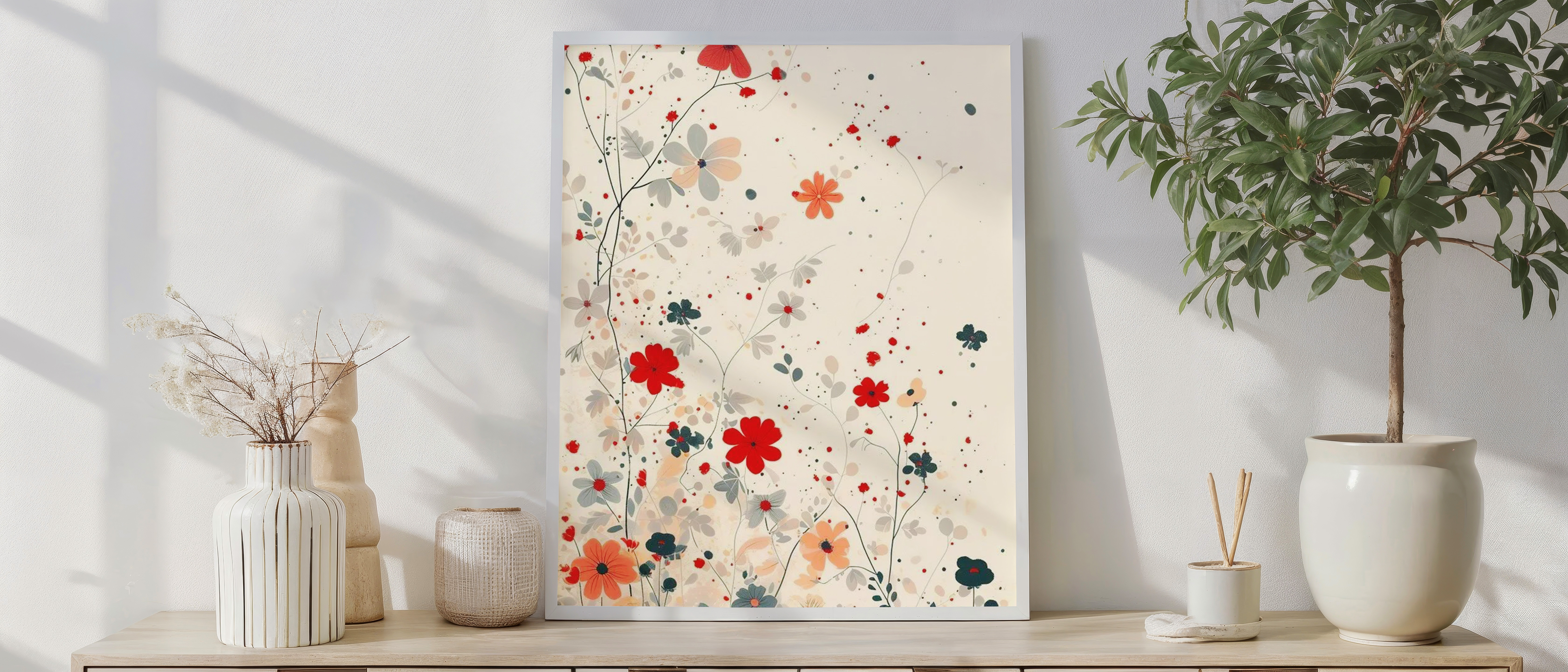 Wildflower Meadow Art Print – Red & Peach Floral Wall Art, Botanical Watercolor Illustration