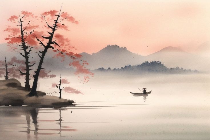 Misty Dawn – Japanese Watercolor Lake Landscape