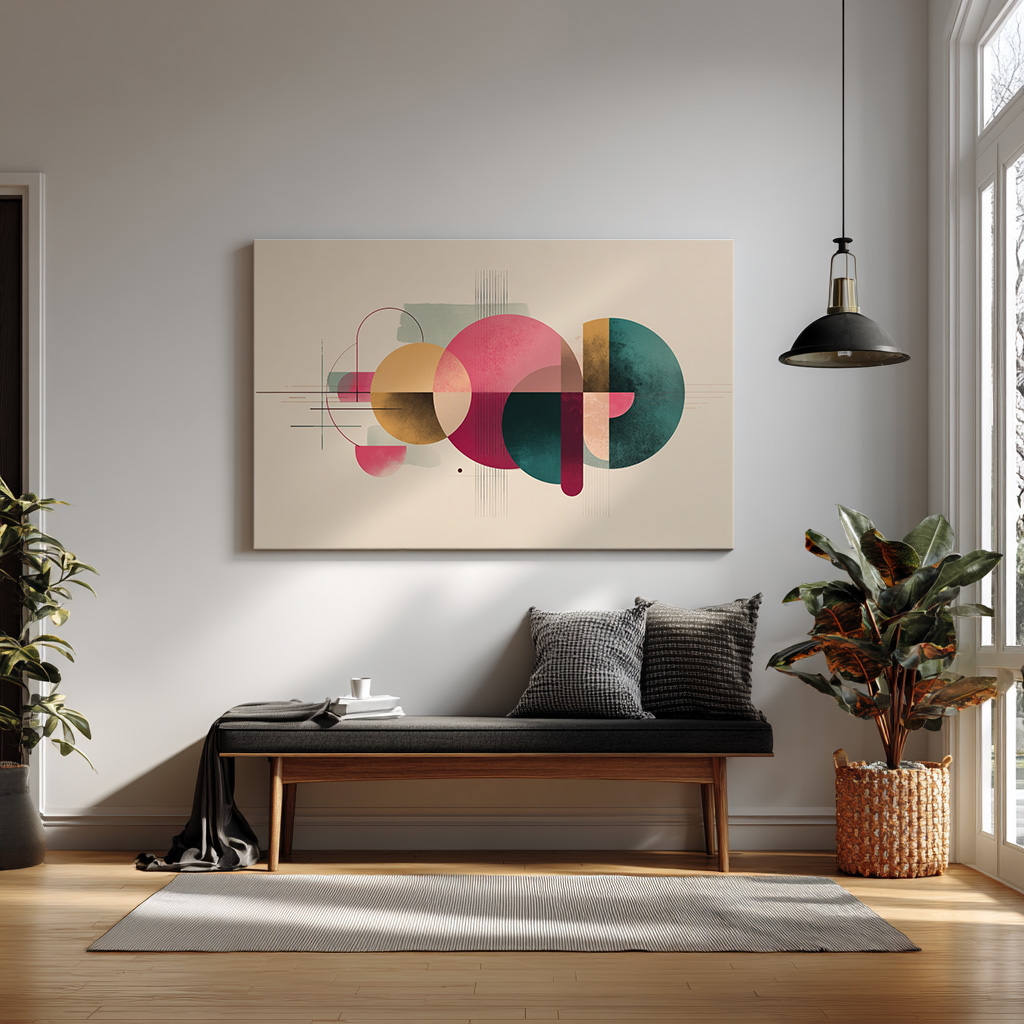 Modern Geometric Wall Art – Abstract Mid-Century Shapes Print in Teal, Pink & Mustard