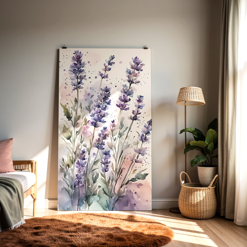 Lavender Watercolor Wall Art – Botanical Purple Floral Print, Soft Pastel Flower Illustration