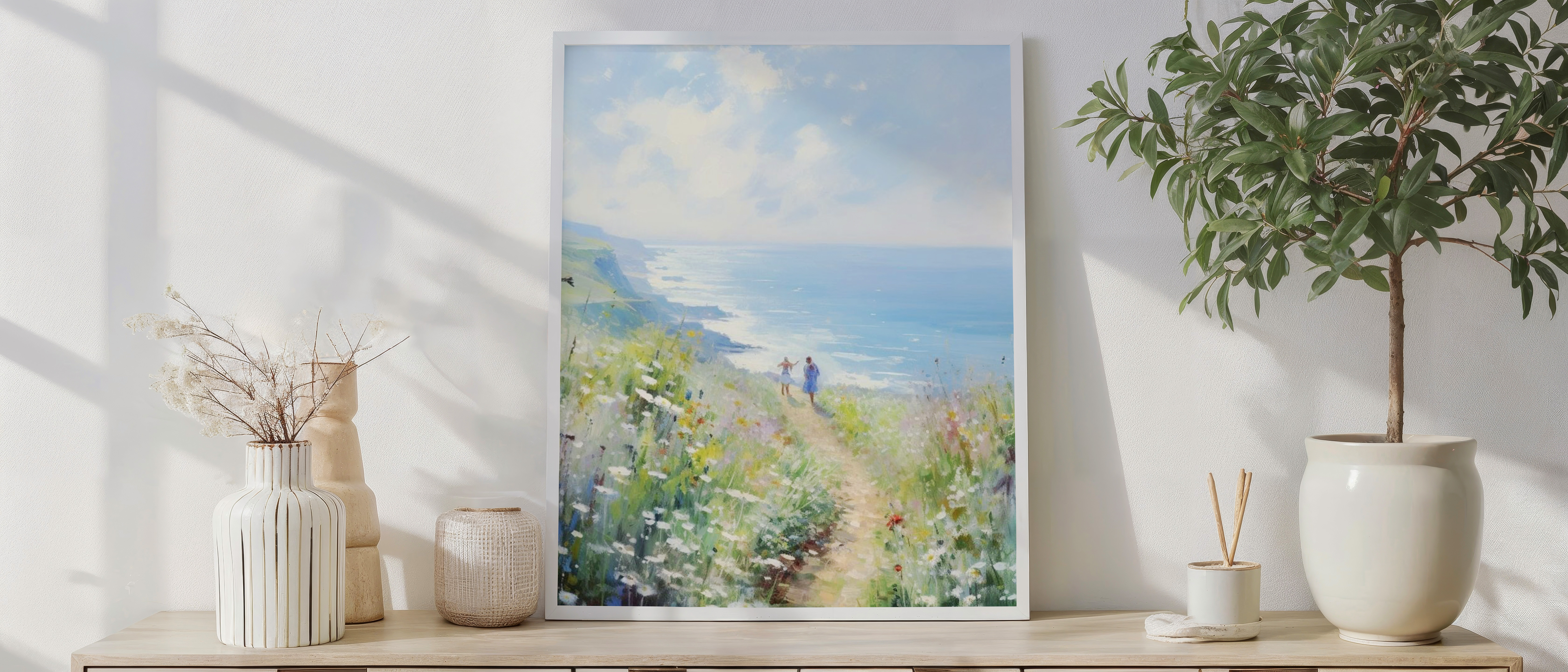 Coastal Bloom – Sunlit Cliffside Path Wall Art