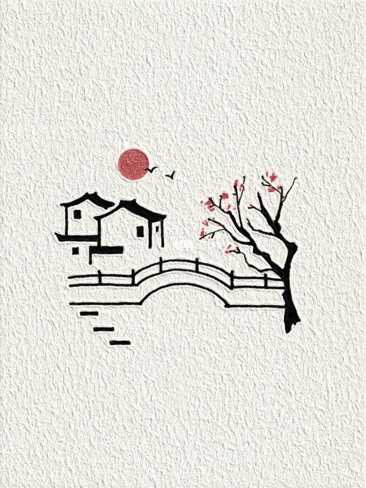 Minimalist Asian Bridge Art – Red Sun & Cherry Blossom Illustration
