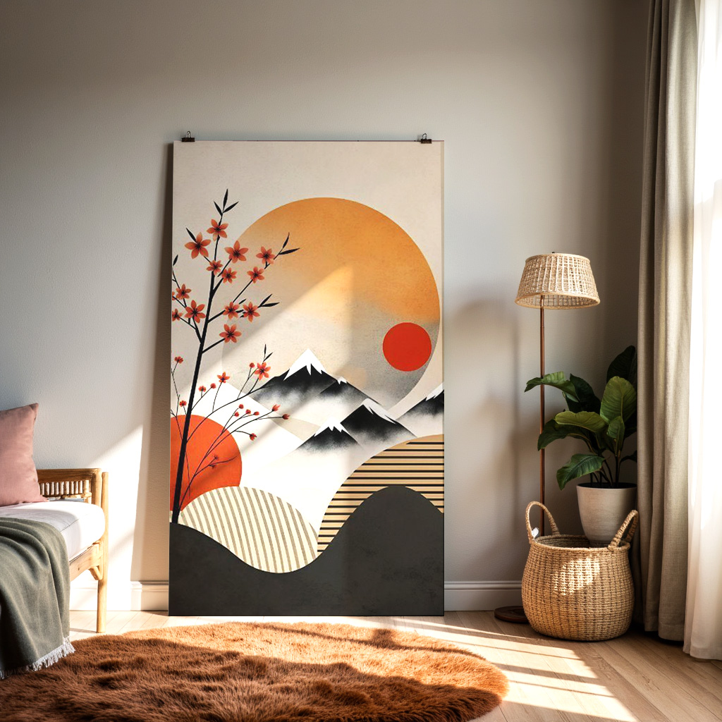 Japanese Sunrise Mountain Art Print – Modern Oriental Wall Décor