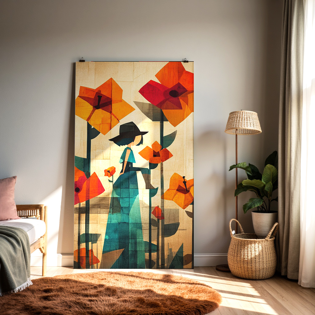 Abstract Woman in Flower Garden Wall Art – Modern Figurative Floral Painting