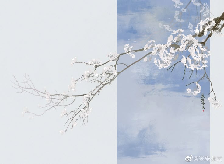 Minimalist Asian Cherry Blossom Wall Art – Soft Blue Ink Wash Floral Print