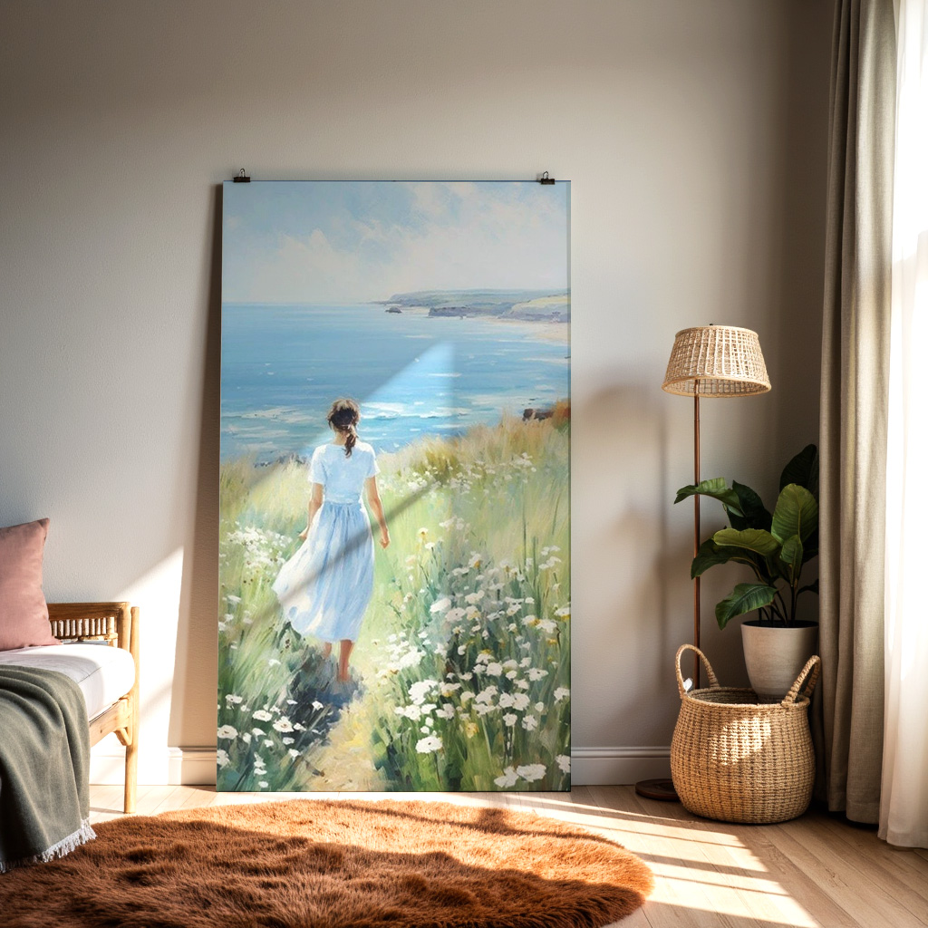 Coastal Serenity – Girl Walking by the Sea Wall Art