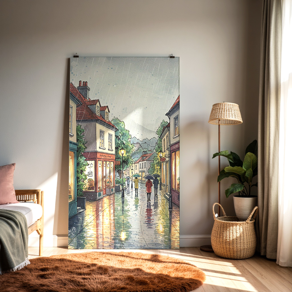 Rainlit Stroll – Cozy European Street in the Rain Wall Art