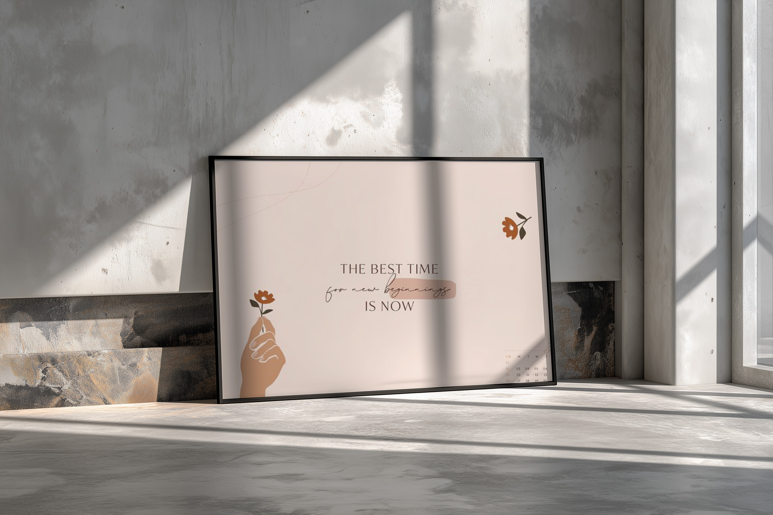 The Best Time Is Now Wall Art – Inspirational Quote Minimal Floral Print