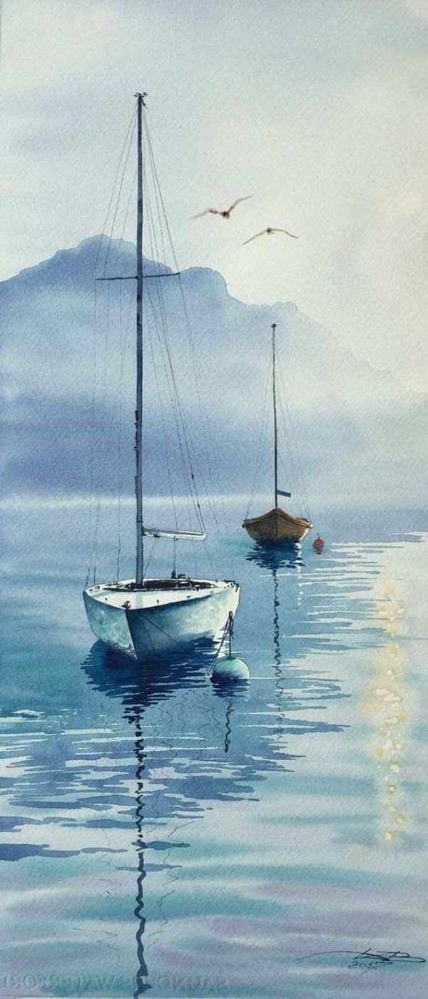Harbor Calm – Watercolor Sailboats at Dawn Wall Art