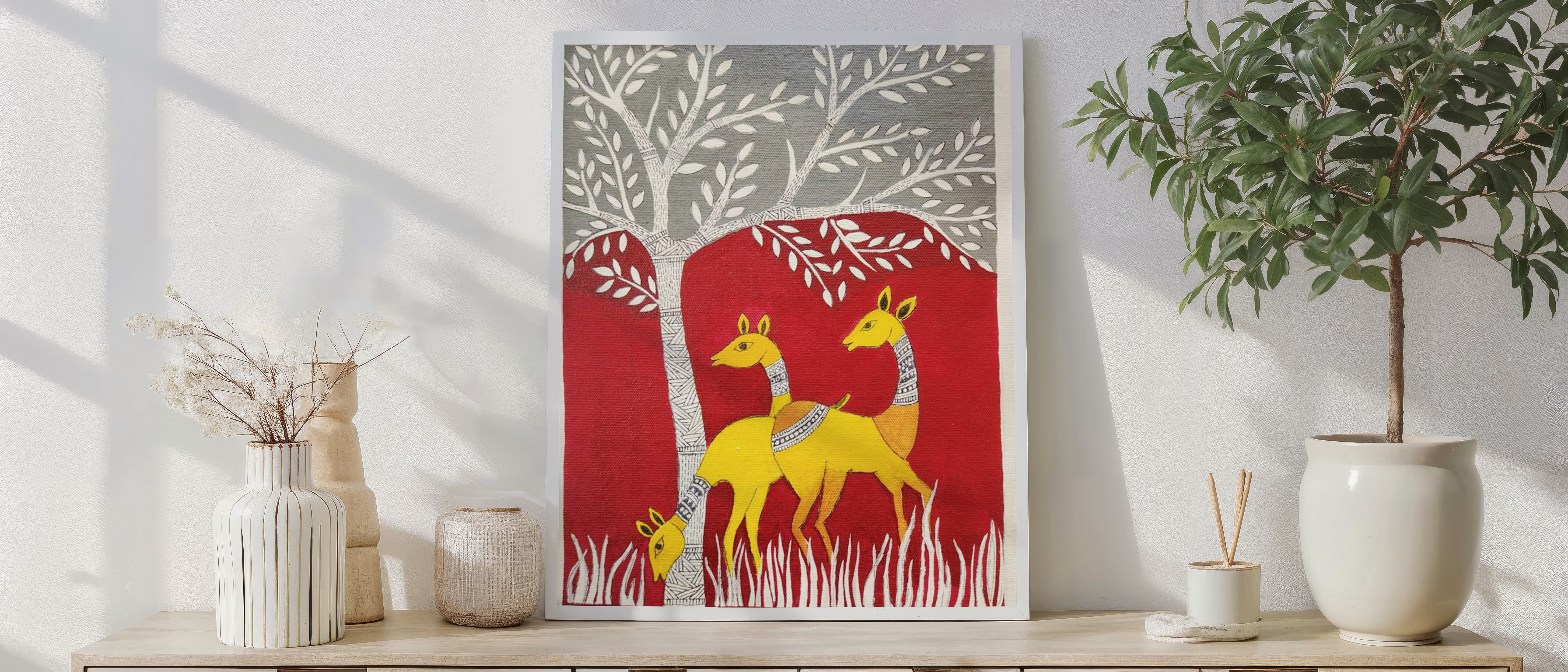 Folk Art Deer Painting – Traditional Tribal Style Nature Wall Art