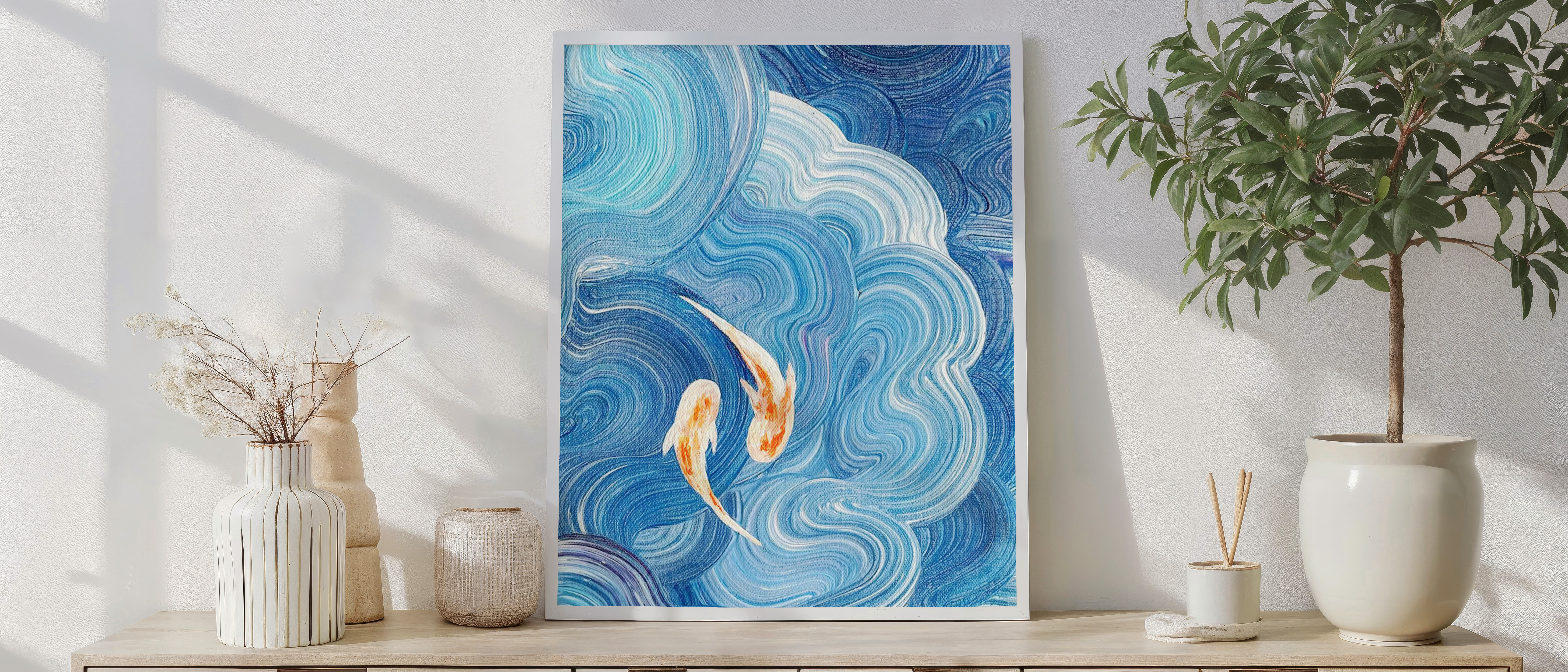 Blue Koi Fish Wall Art Print – Abstract Swirling Water Painting in Ocean Blues