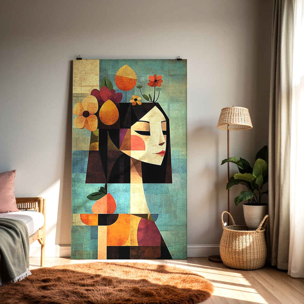 Abstract Floral Woman Portrait Wall Art – Modern Cubist Face with Botanical Elements