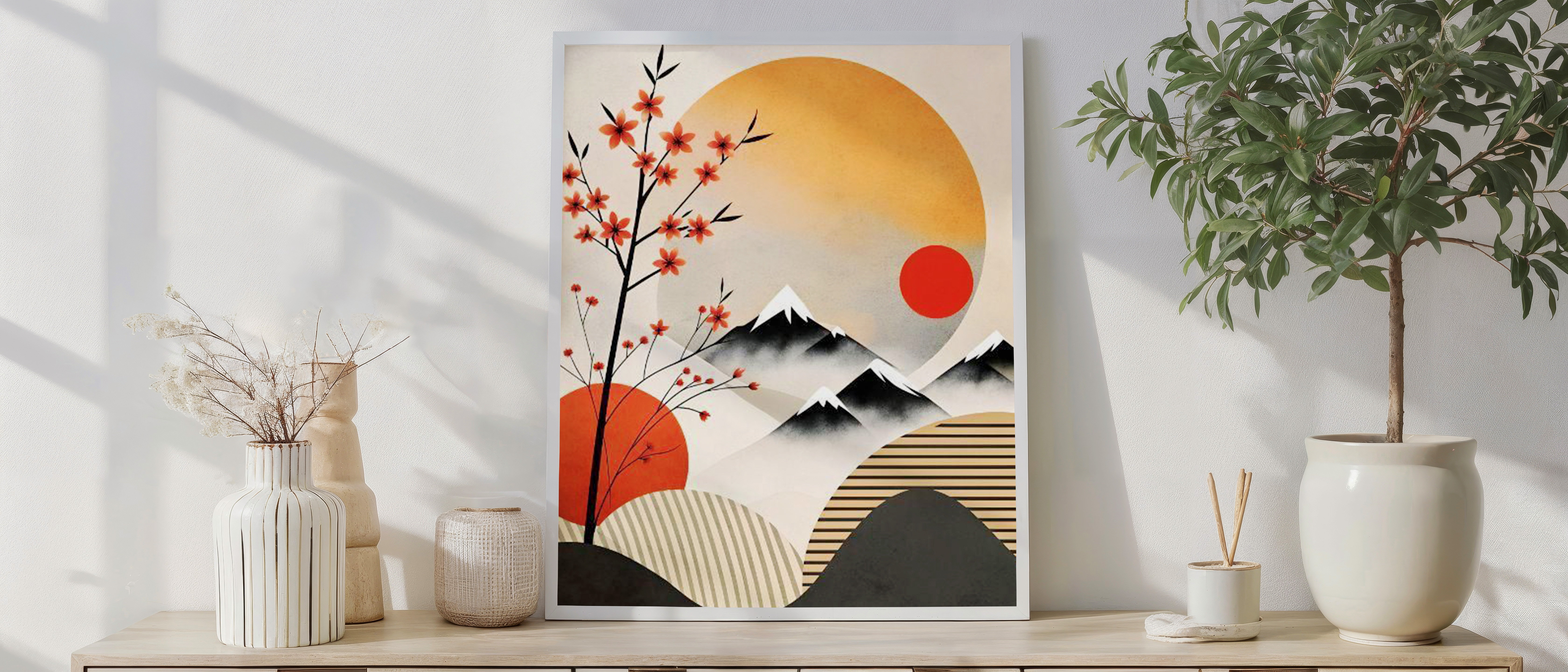 Japanese Sunrise Mountain Art Print – Modern Oriental Wall Décor