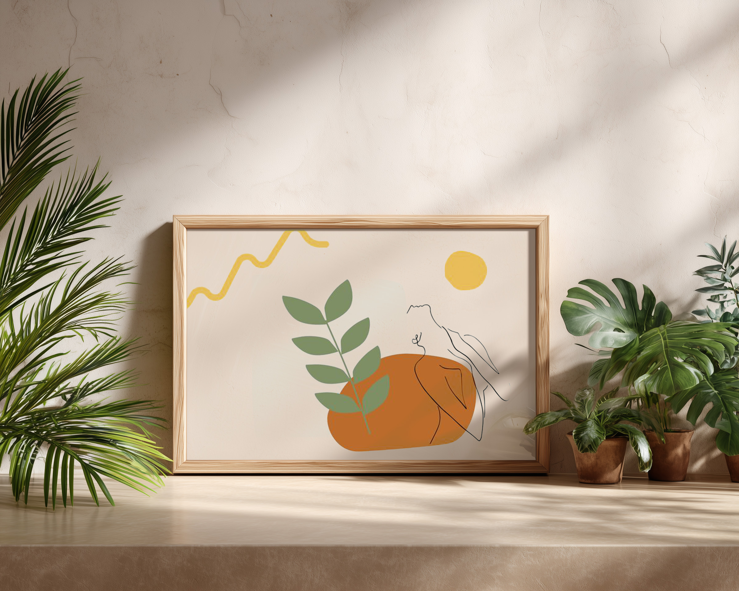 Abstract Botanical Line Art – Minimalist Modern Woman & Leaf Print