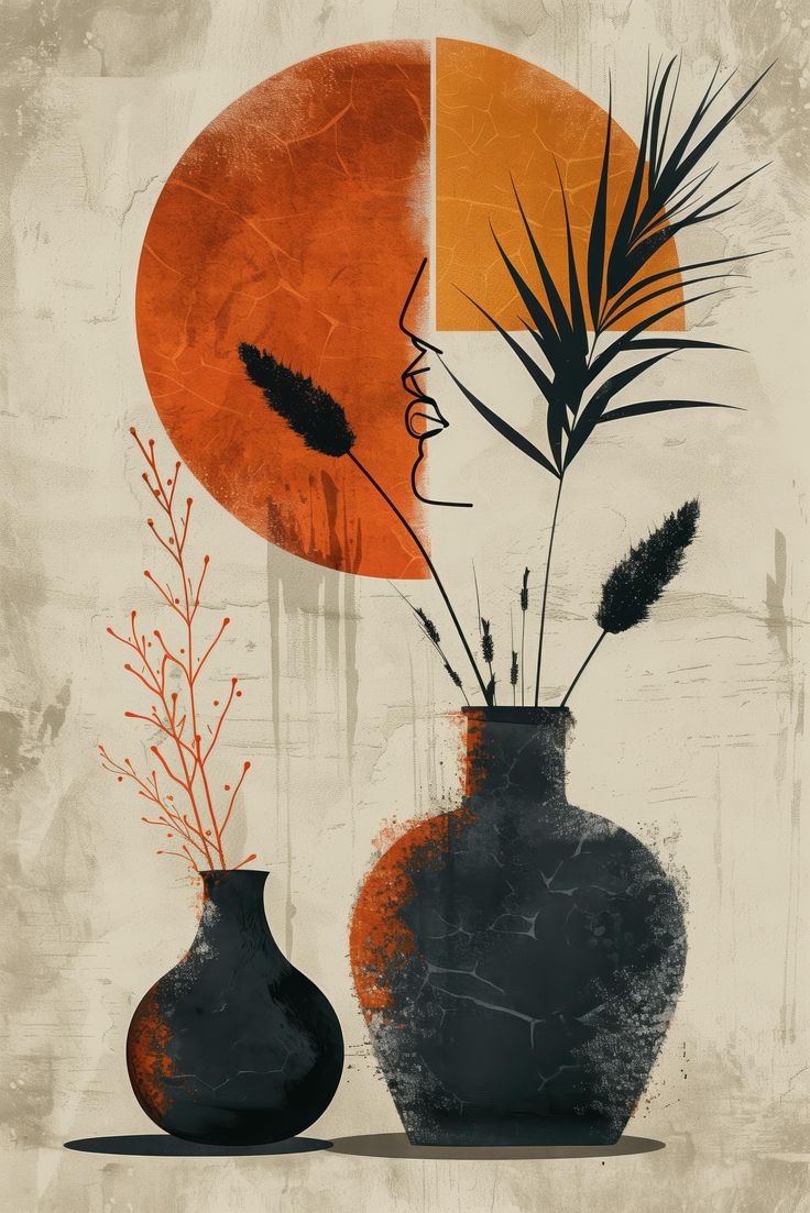 Abstract Vase Wall Art – Terracotta and Black Minimalist Design