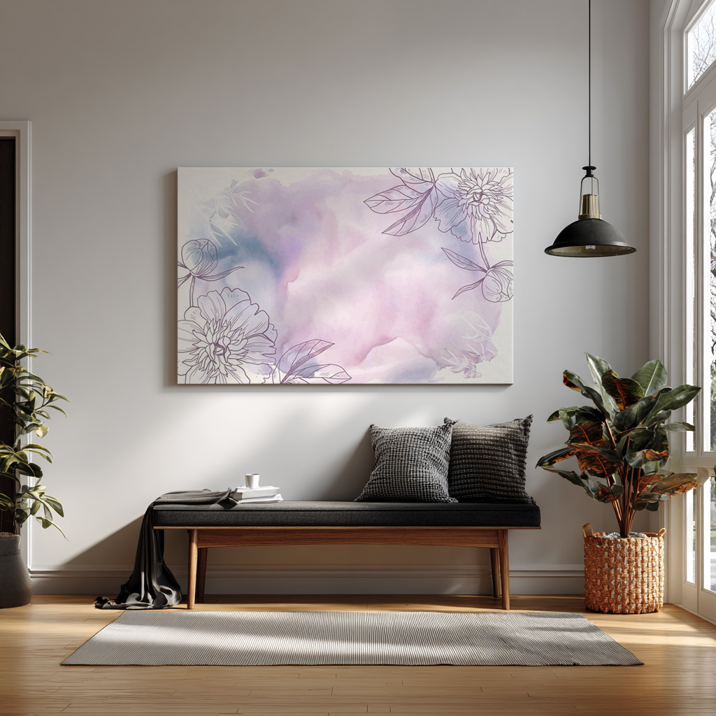 Purple Watercolor Floral Background – Elegant Peony Line Art Printable Wall Decor