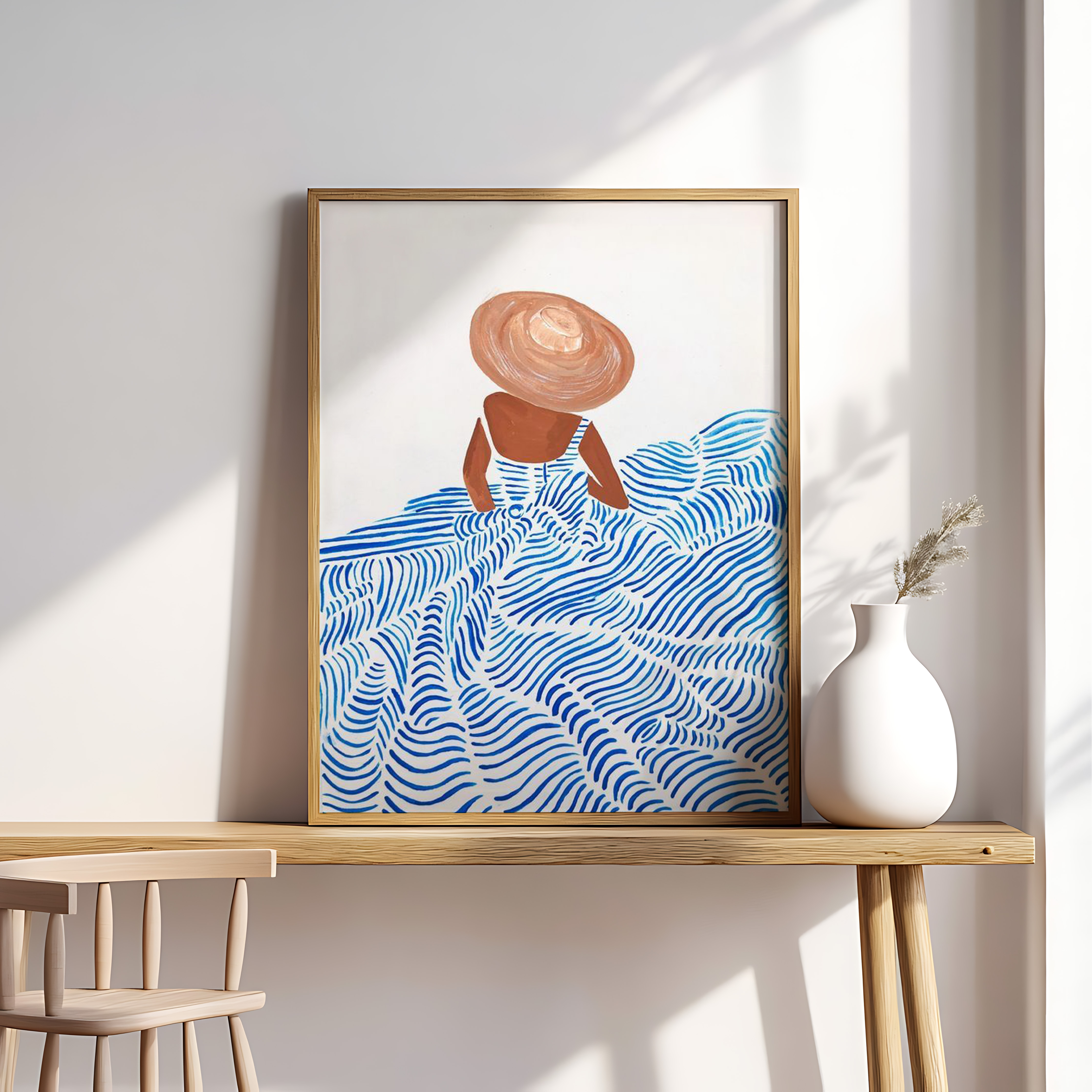 Minimalist Beach Illustration – Woman in Blue Waves Art