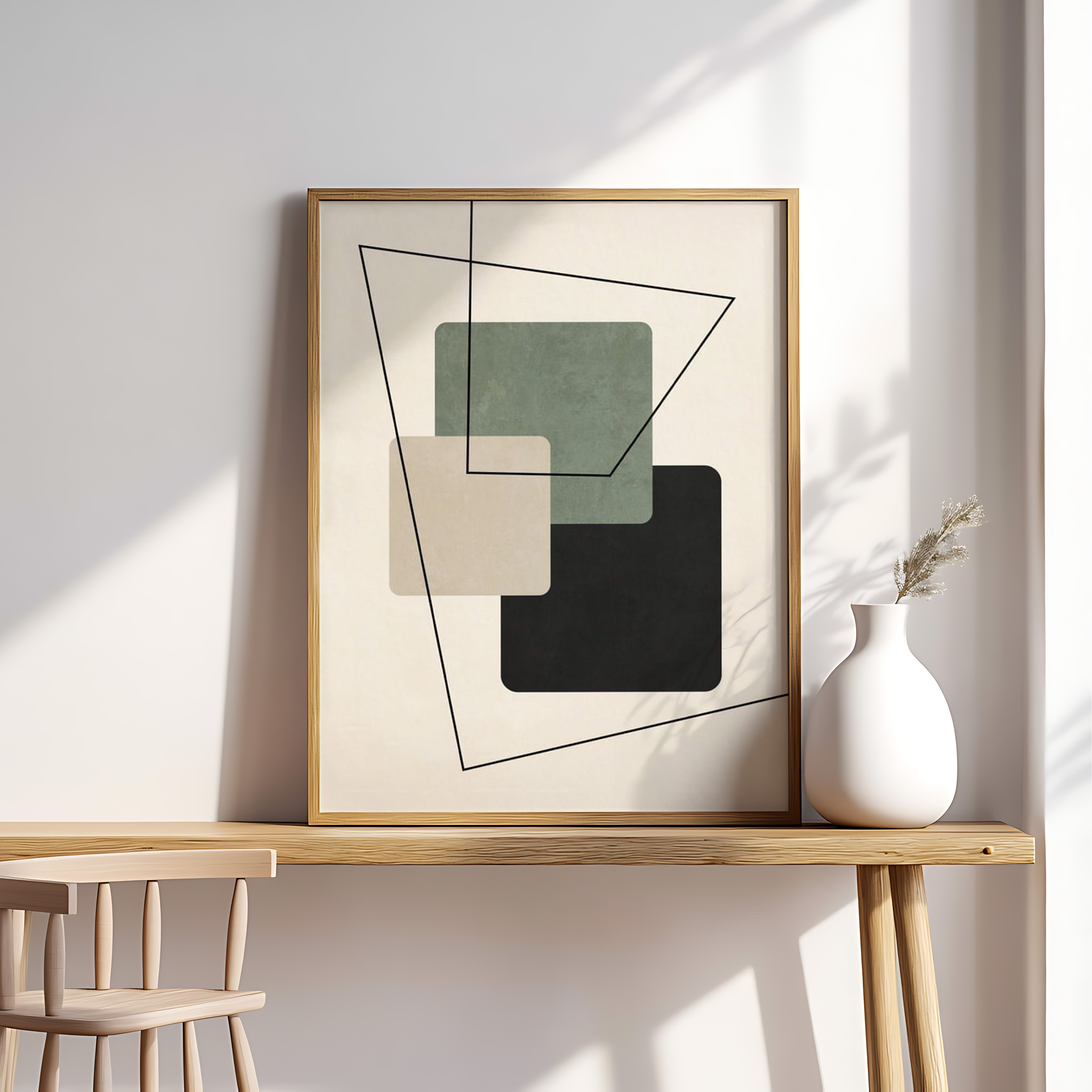 Modern Geometric Wall Art – Minimalist Abstract Print with Neutral Squares & Line Shapes