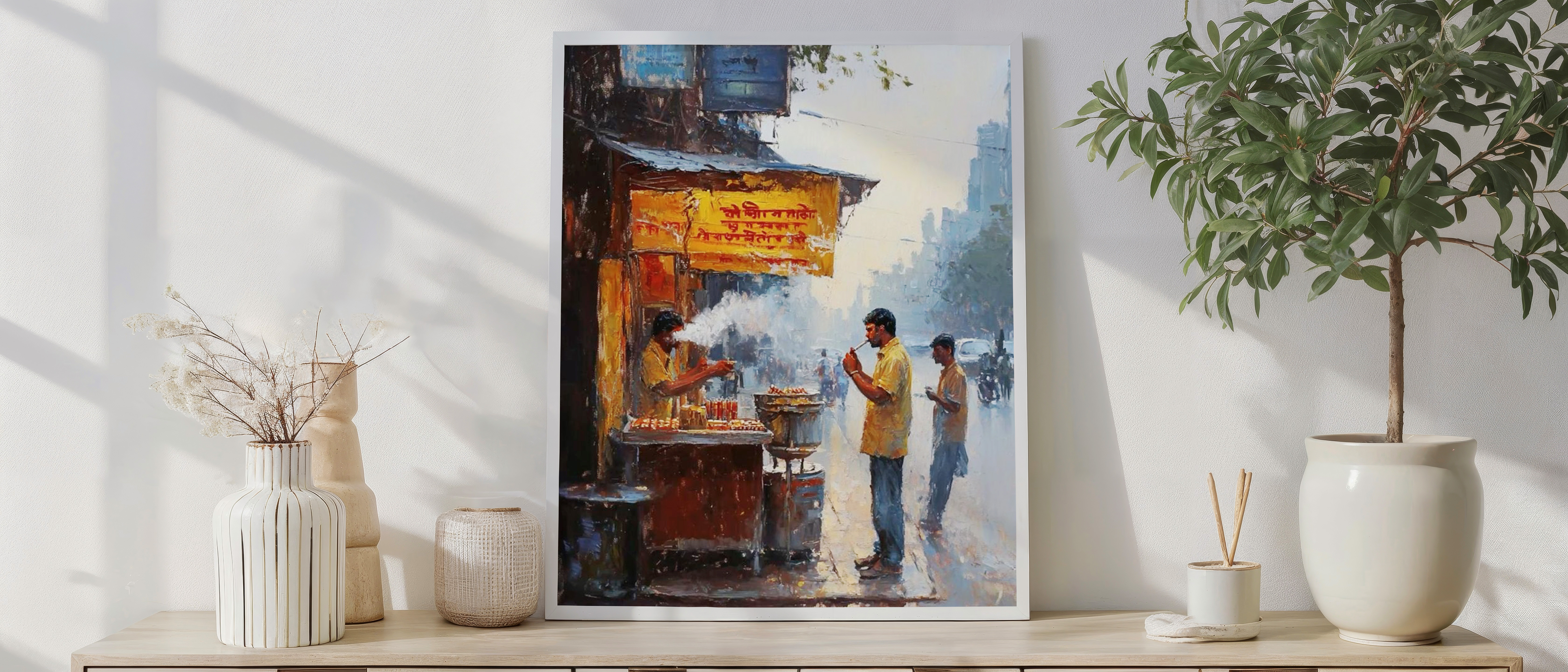 Indian Street Tea Stall Wall Art | Chai Vendor Watercolor Painting