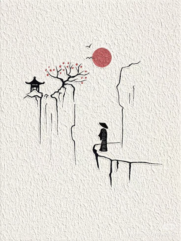 Minimalist Asian Mountain Landscape Art – Red Sun & Ink Illustration
